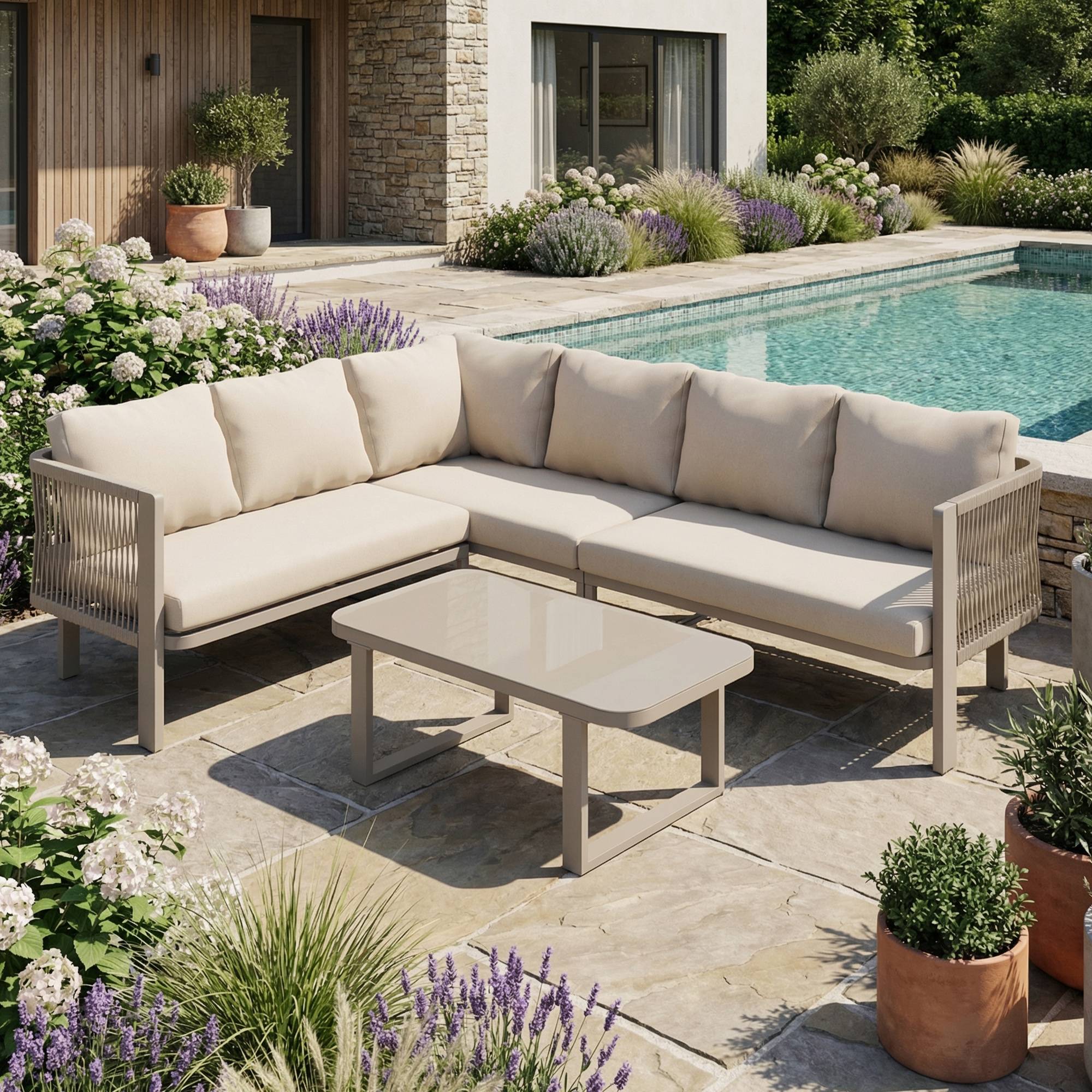 Salon jardin 6 places : angle, acier galvanisé, plateau verre, corde Teslin, table/banc/chaises/canapé, kaki - Image 4