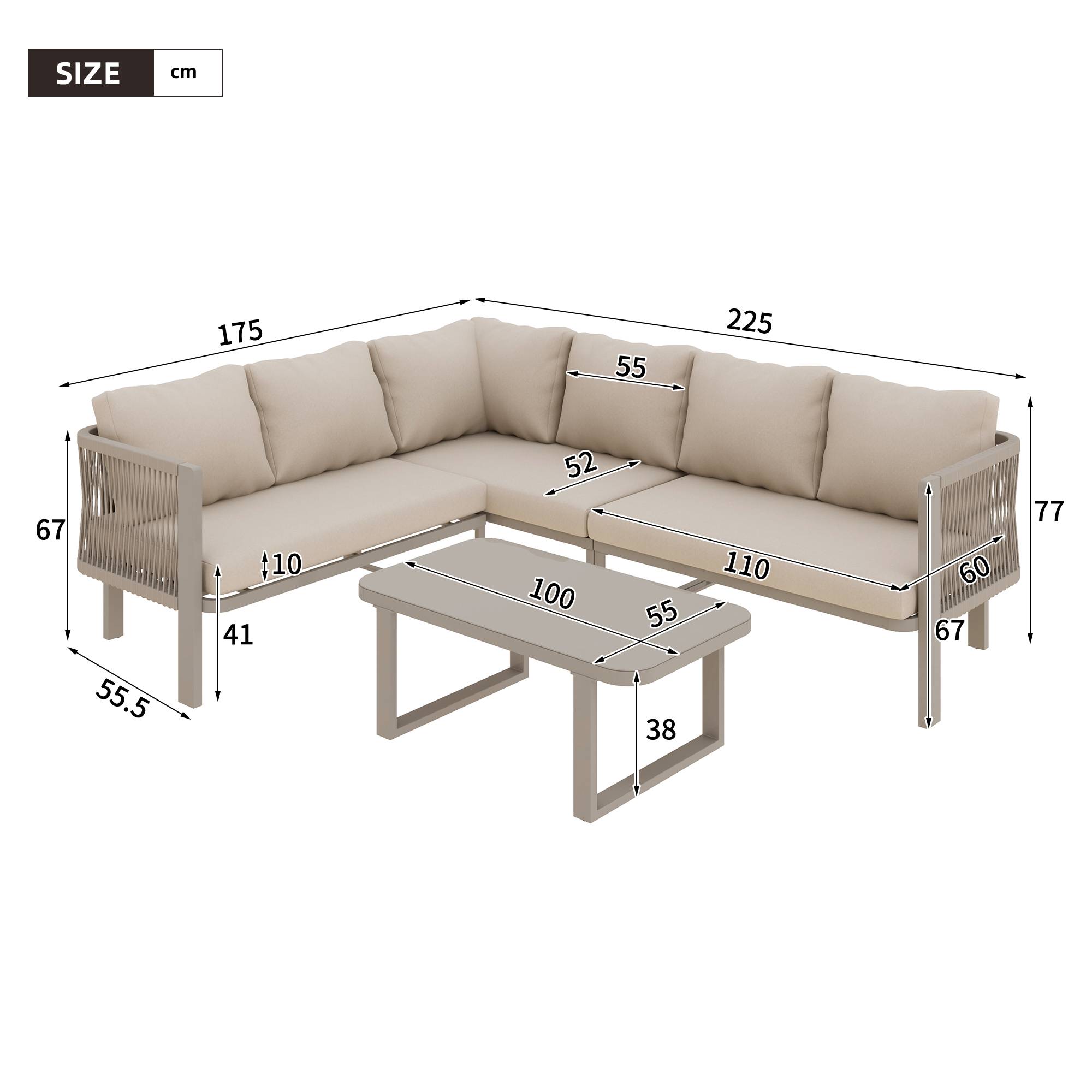 Salon jardin 6 places : angle, acier galvanisé, plateau verre, corde Teslin, table/banc/chaises/canapé, kaki - Image 5