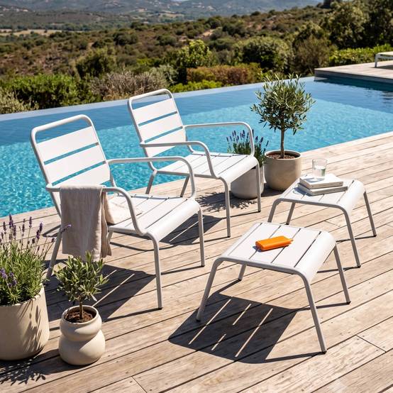 Oviala - Lot de 2 fauteuils relax avec repose-pieds en métal blanc Palavas - Oviala - Imagen 2
