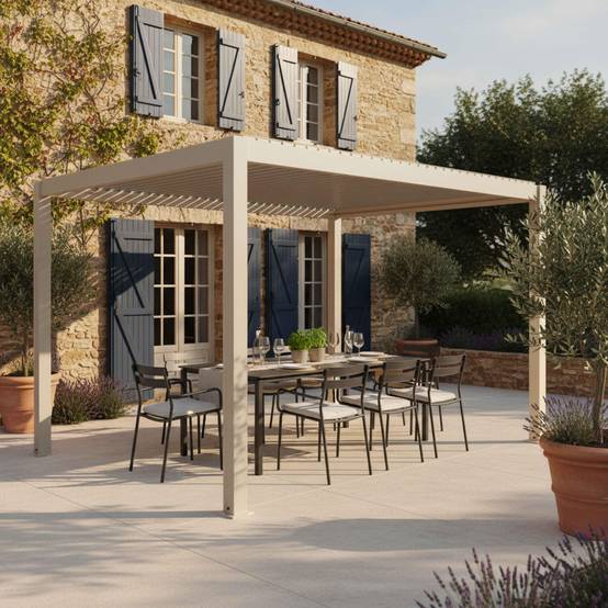 Oviala - Pergola bioclimatique autoportée 3x4m et 3 stores bois crème Athenes - Oviala - Image 3