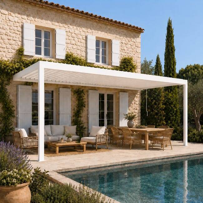 Pergola Bioclimatique Aluminium Adossée Blanc 5x3 Manuelle S ORIAL France