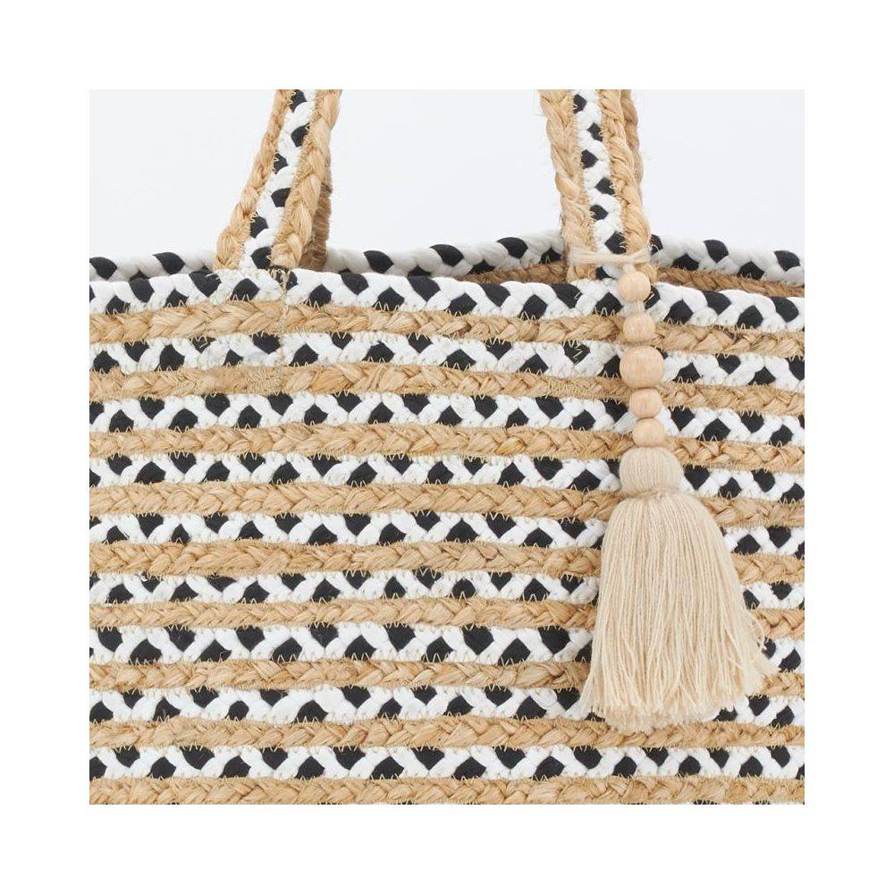 Aubry Gaspard - Sac en jute noir et blanc Indi avec pompon - Imagen 3