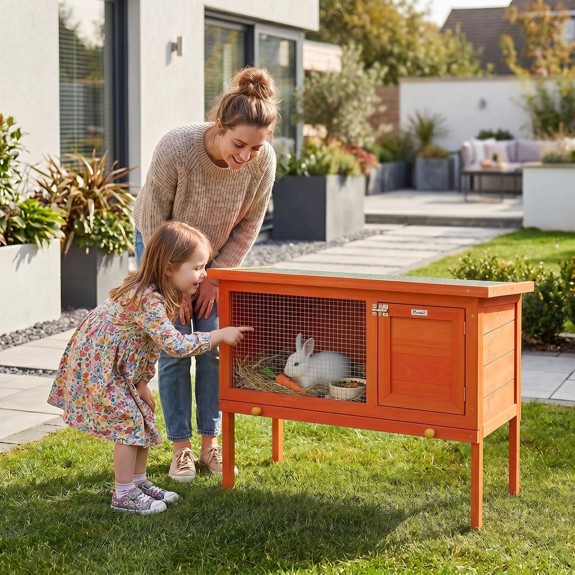 Sans Marque - Clapier lapin extérieur bois toit ouvrant asphalté plateau coulissant design surélevé 90x45x65 cm orange - Image 3