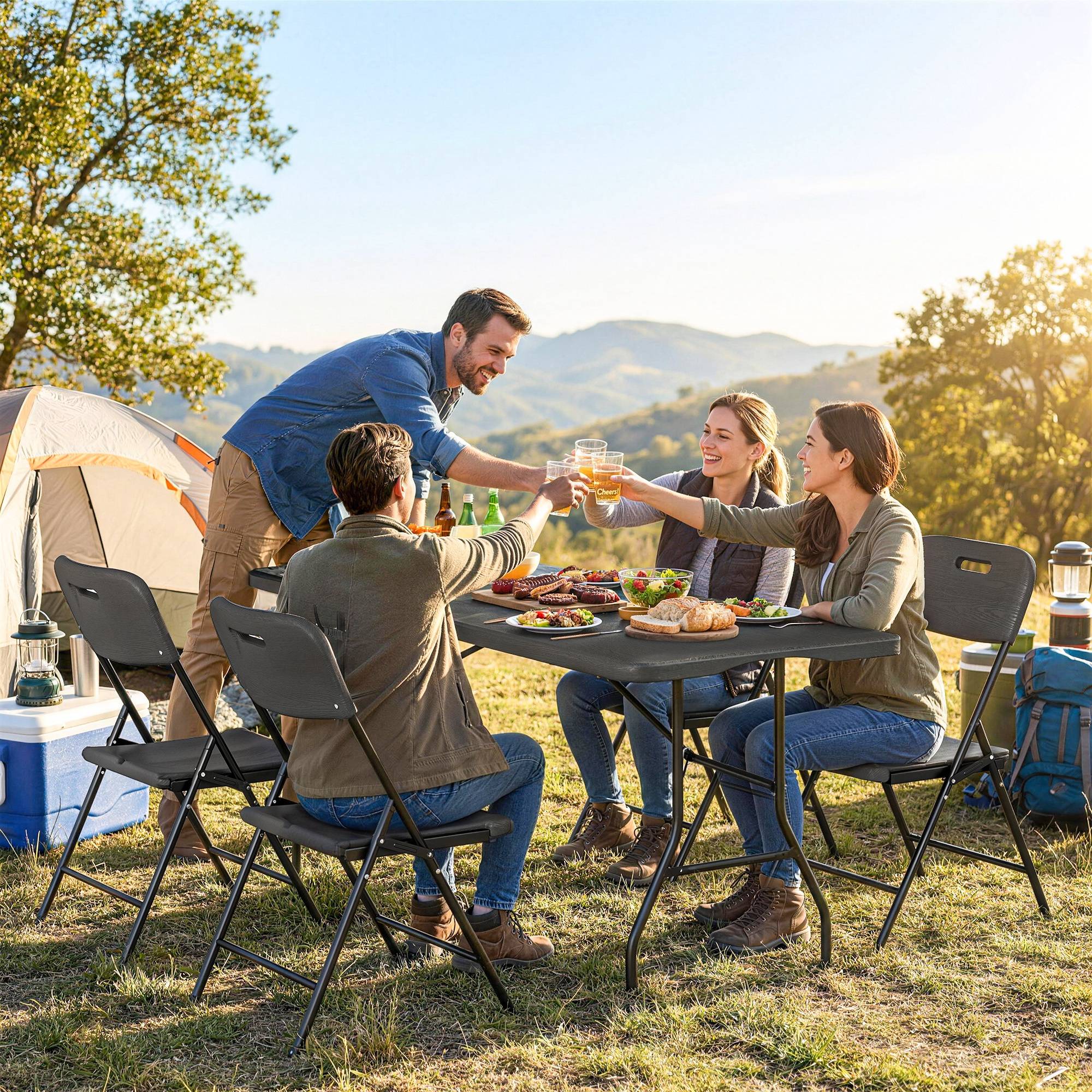 Ensemble camping 5 pièces table pliante 4 chaises HDPE métal noir extérieur jardin randonnée - Image 3
