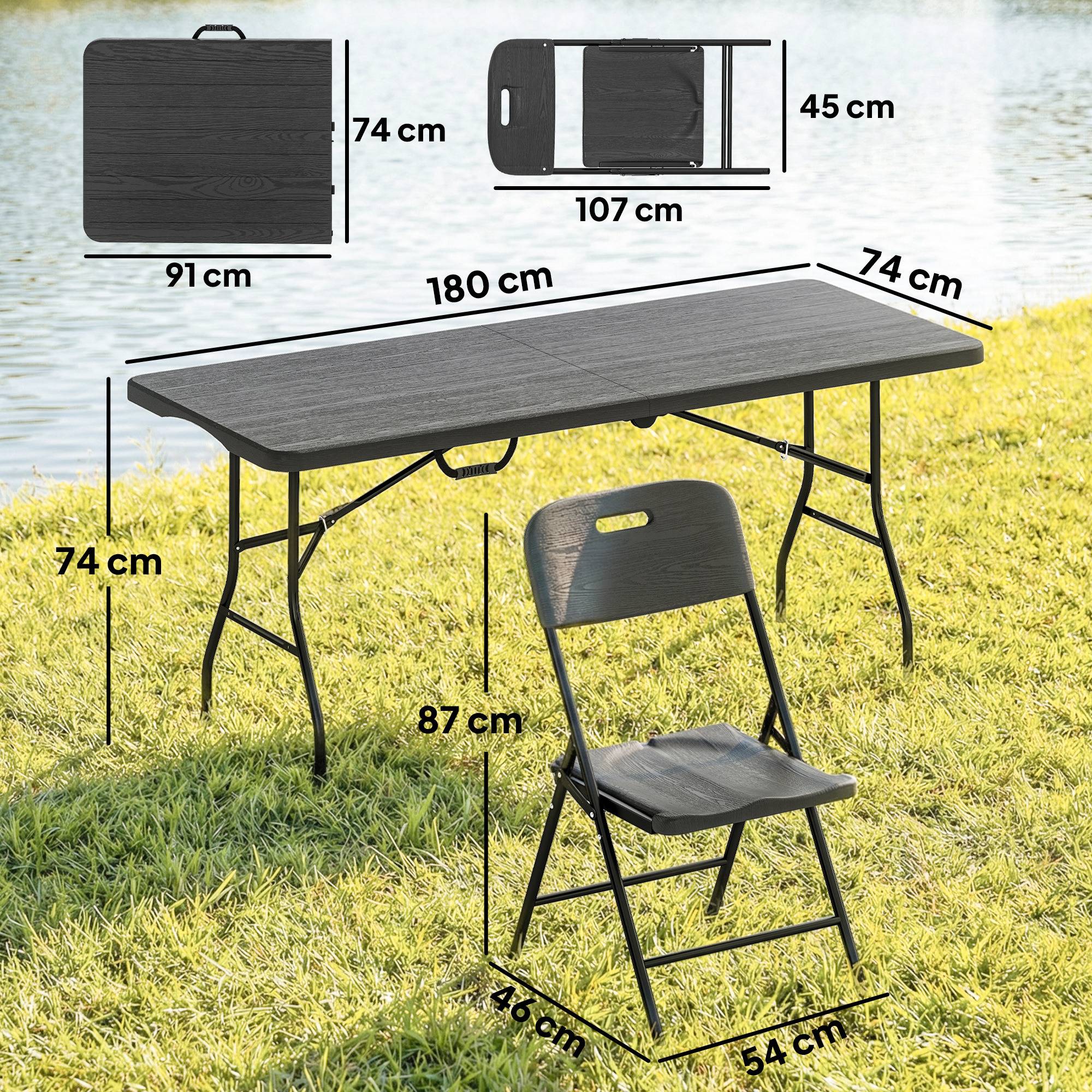 Ensemble camping 5 pièces table pliante 4 chaises HDPE métal noir extérieur jardin randonnée - Image 5