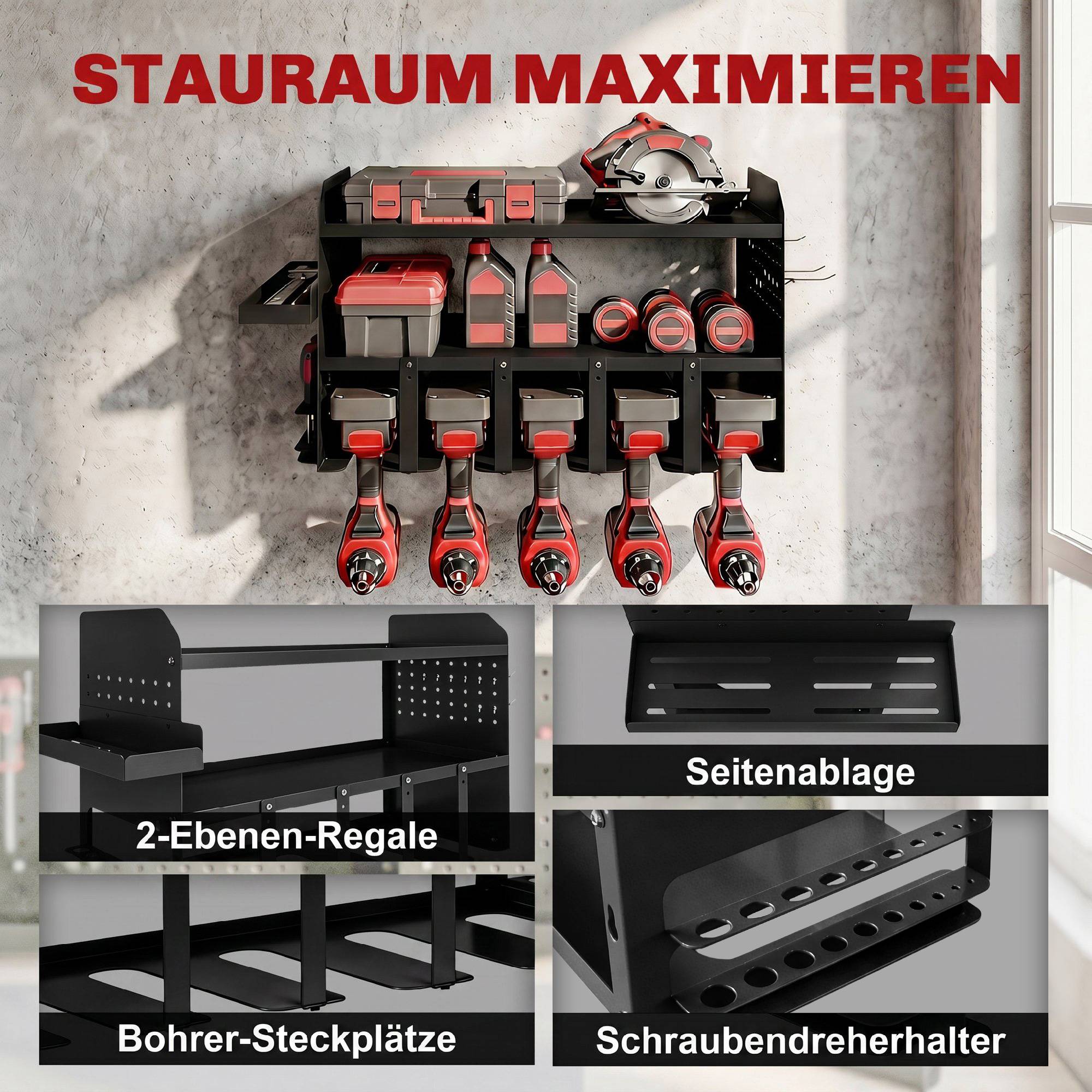 ComfortXL - Organisateur outils de jardin métal noir 61,8 x 23 x 32,7 cm mural garage atelier rangement gain de place - Image 4