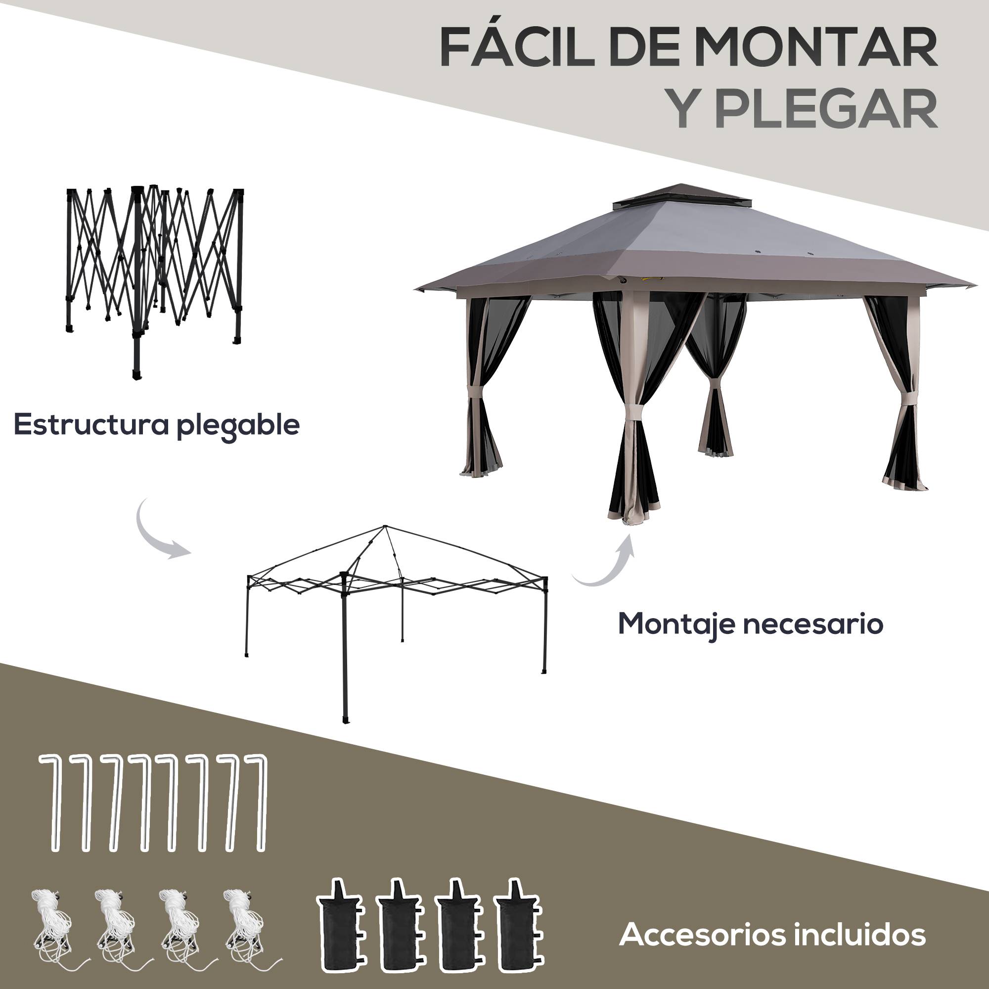 Tente pliante pop-up à hauteur réglable, protection UV50+, double toit et moustiquaires, 4 x 4 x 2,8 m, gris clair - Image 7