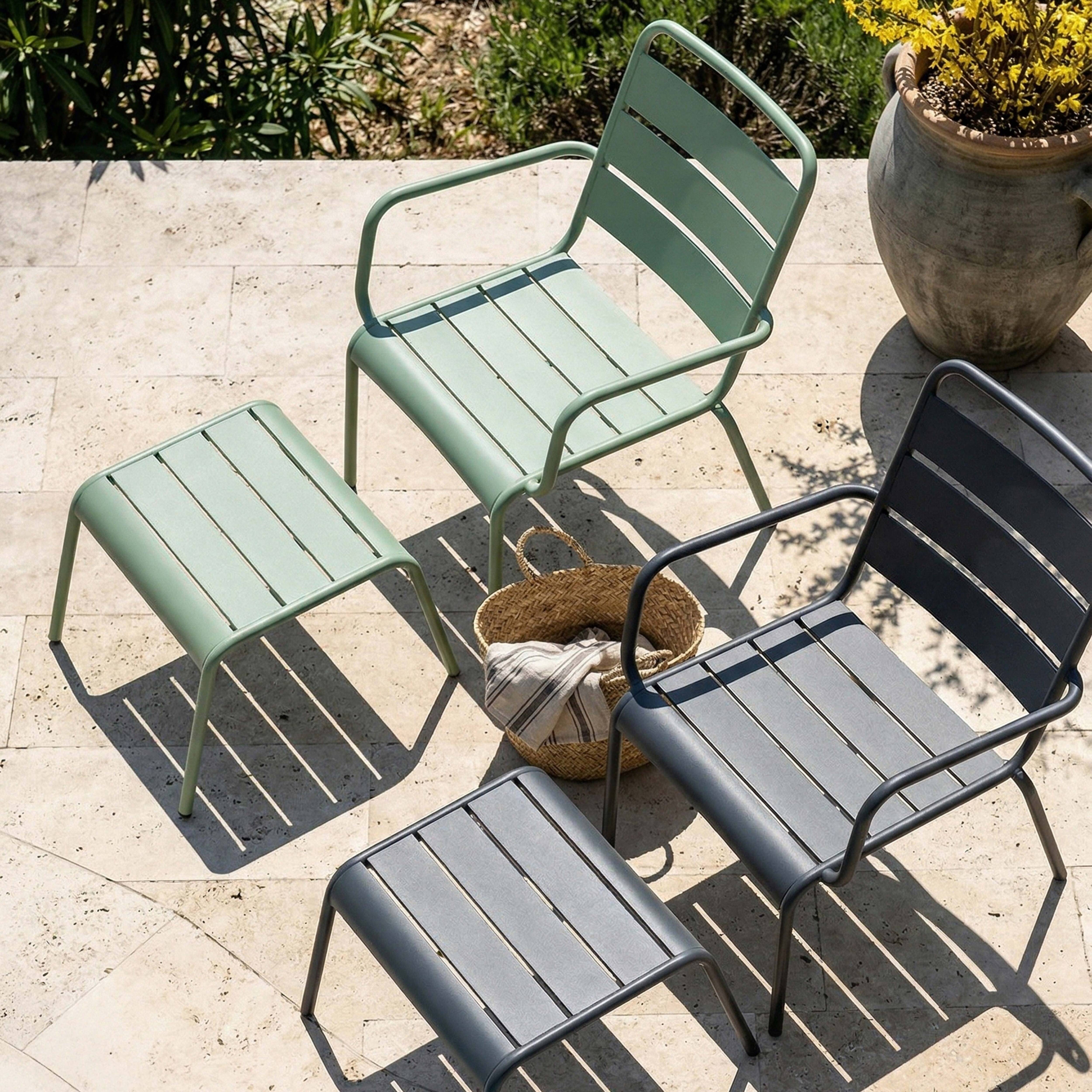 Oviala - Lot 2 fauteuils relax avec repose-pieds métal gris et vert sauge Palavas - Oviala - Imagen 3
