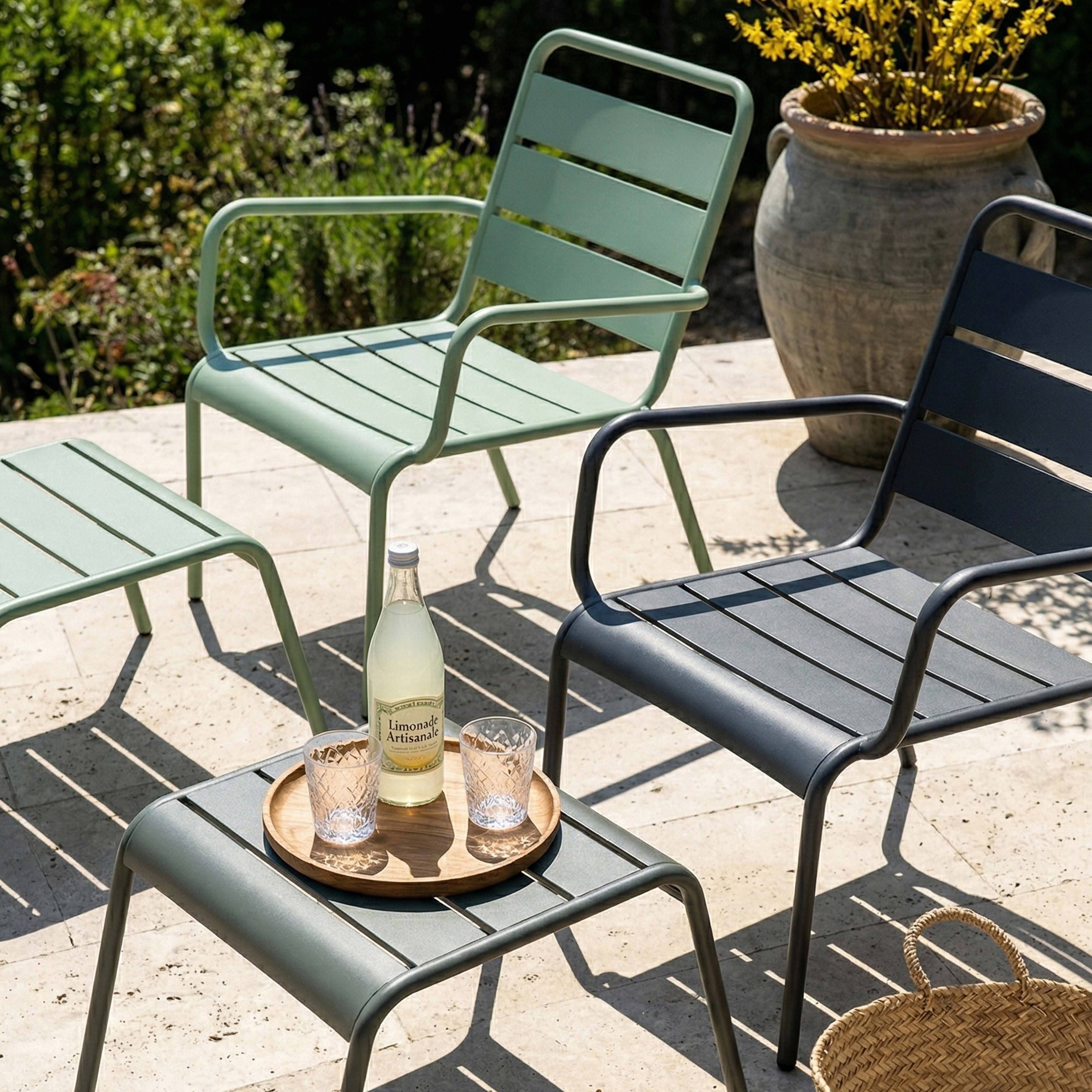 Oviala - Lot 2 fauteuils relax avec repose-pieds métal gris et vert sauge Palavas - Oviala - Imagen 4