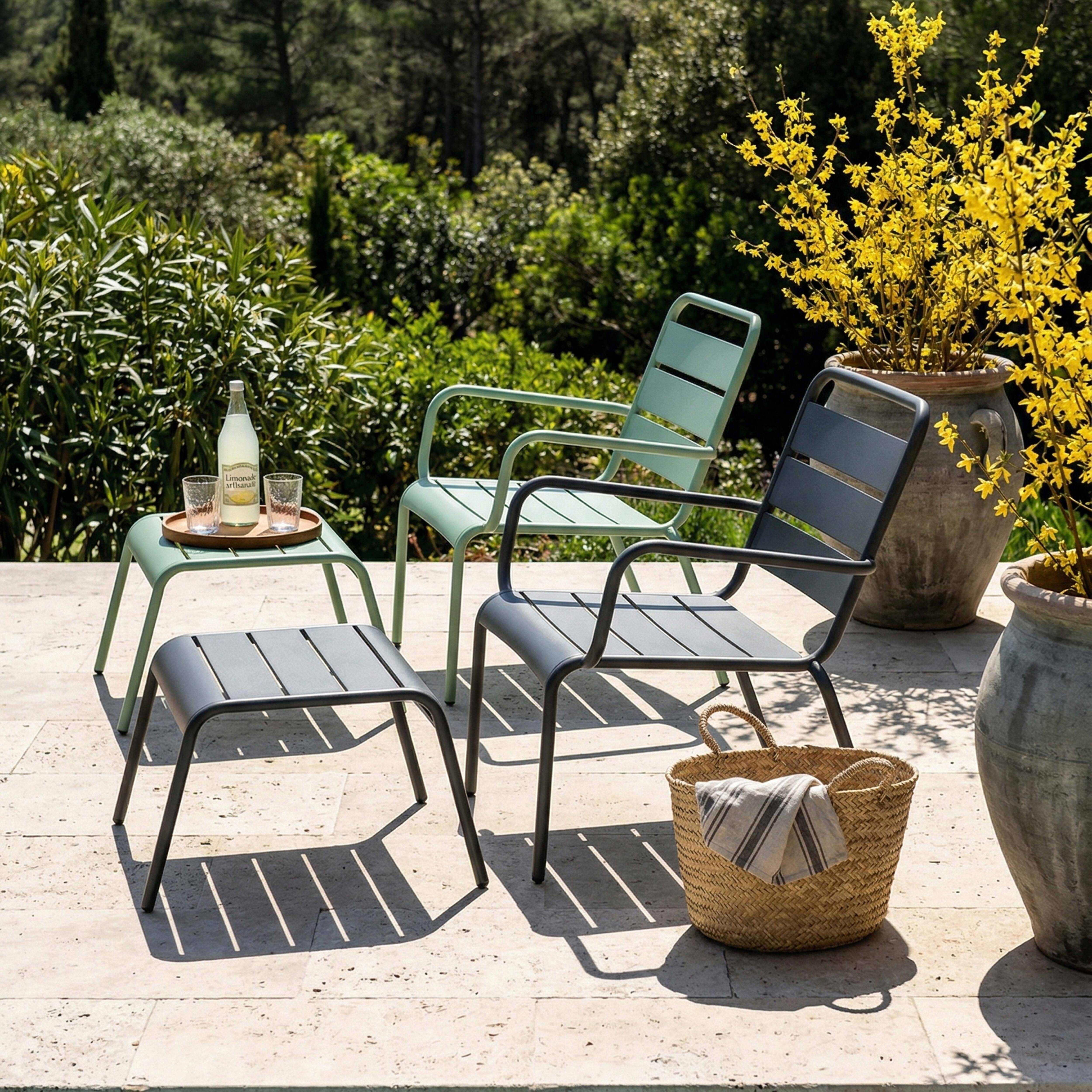 Oviala - Lot 2 fauteuils relax avec repose-pieds métal gris et vert sauge Palavas - Oviala - Imagen 2