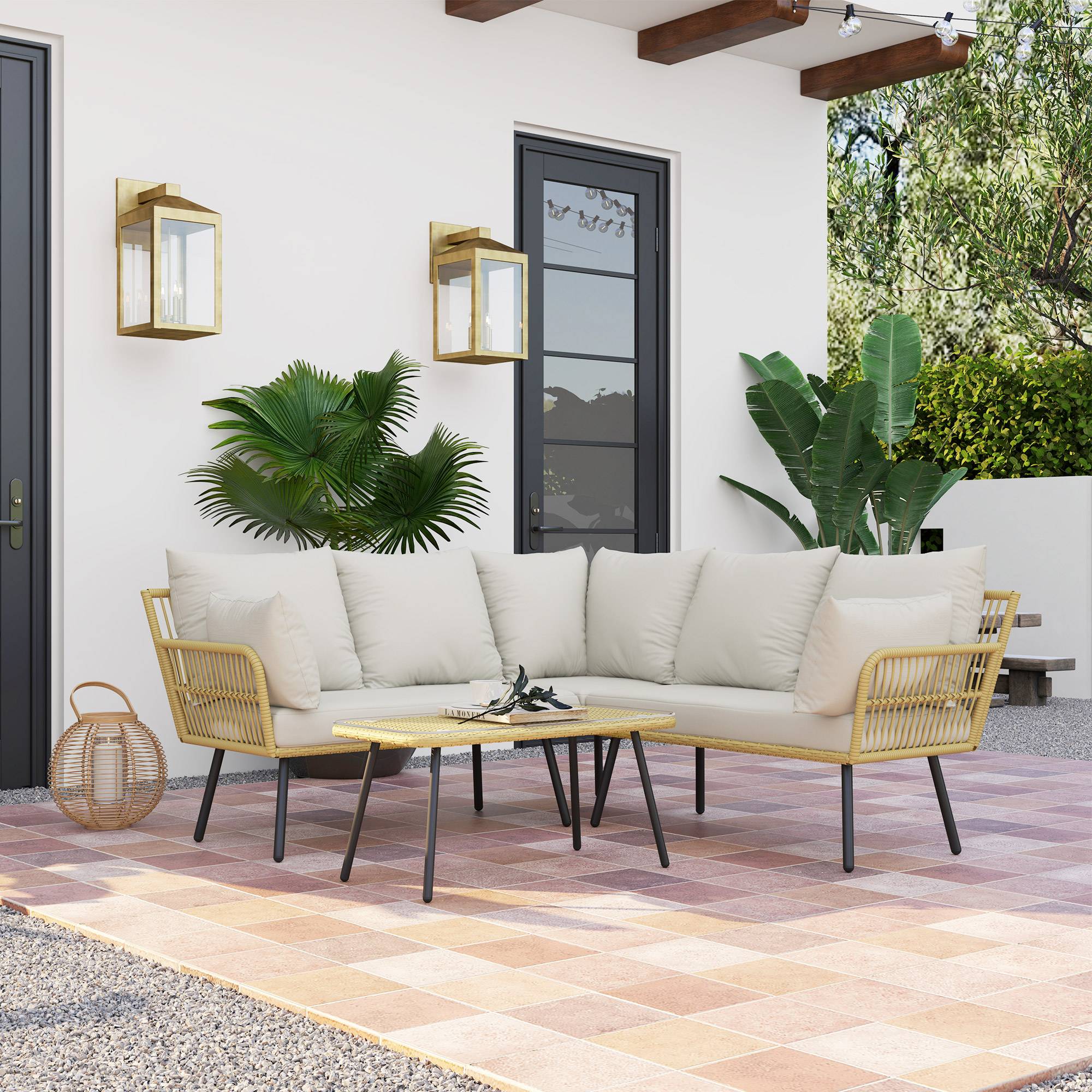 Outsunny - Ensemble salon jardin 5 places angle avec table basse rectangulaire et coussins résine tressée effet rotin naturel - Outsunny - Image 2