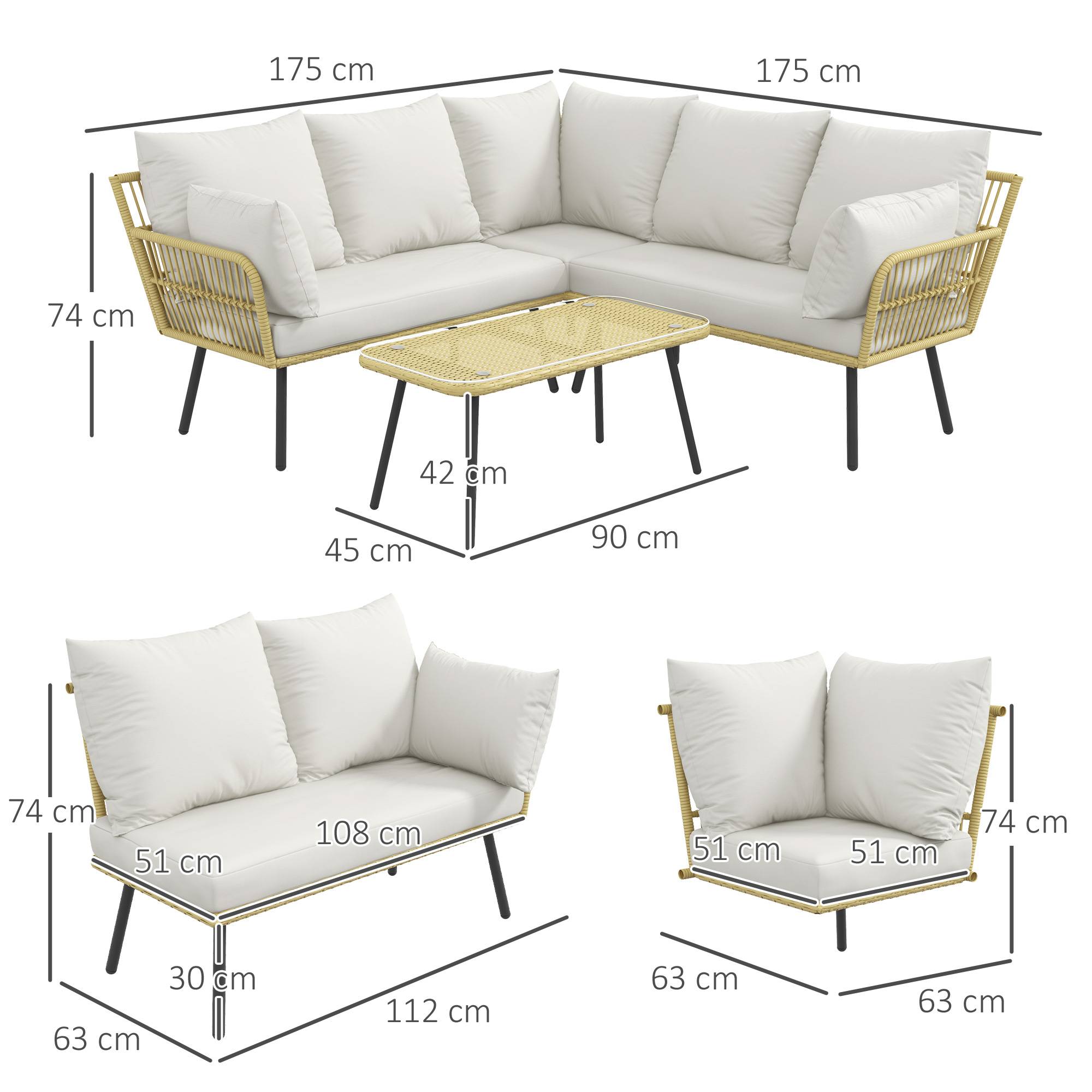 Outsunny - Ensemble salon jardin 5 places angle avec table basse rectangulaire et coussins résine tressée effet rotin naturel - Outsunny - Image 3