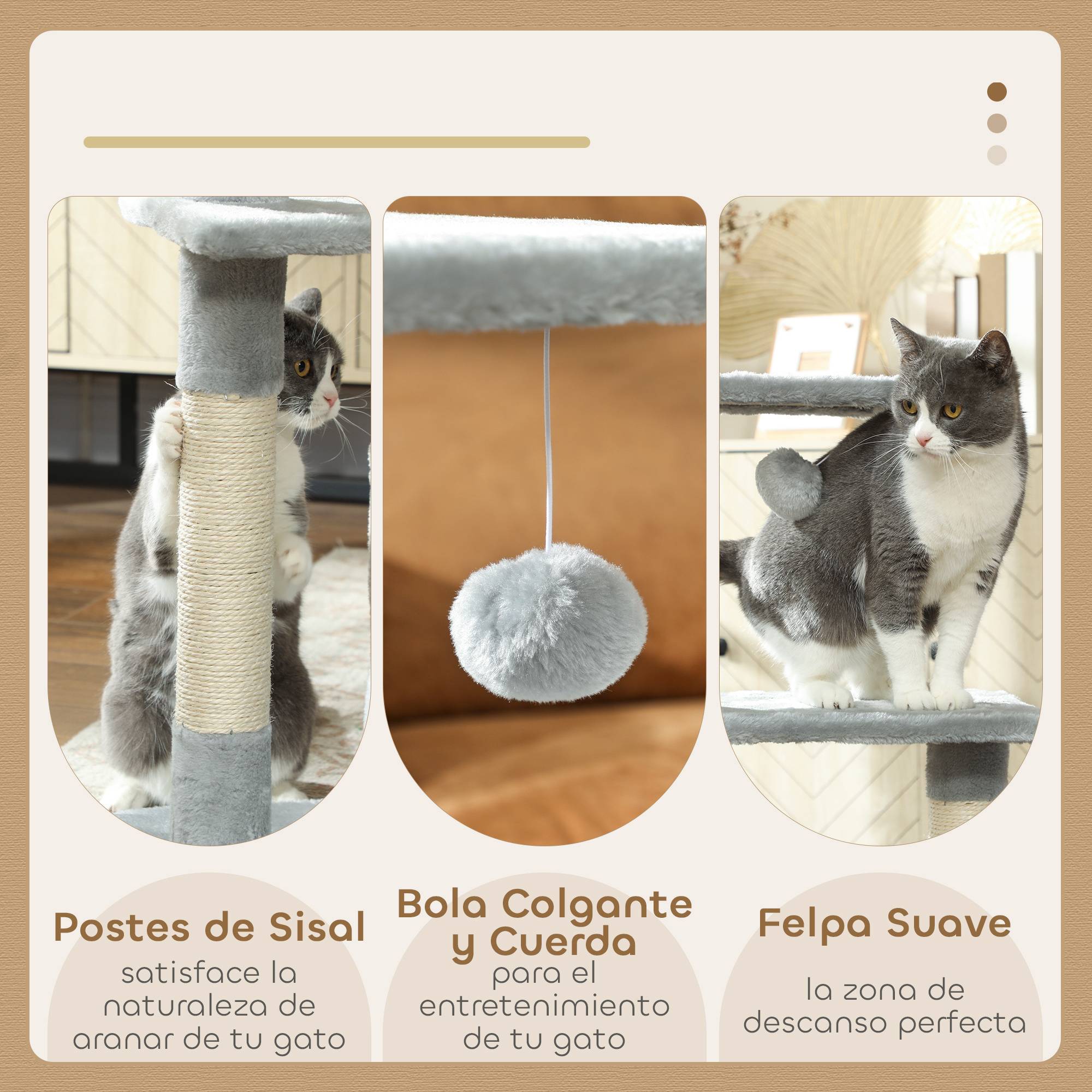 Arbre à chat 81,5 cm avec poteaux en sisal, 2 plateformes, grotte et balle suspendue, style élégant 50 x 30 x 81,5 cm gris - Image 7