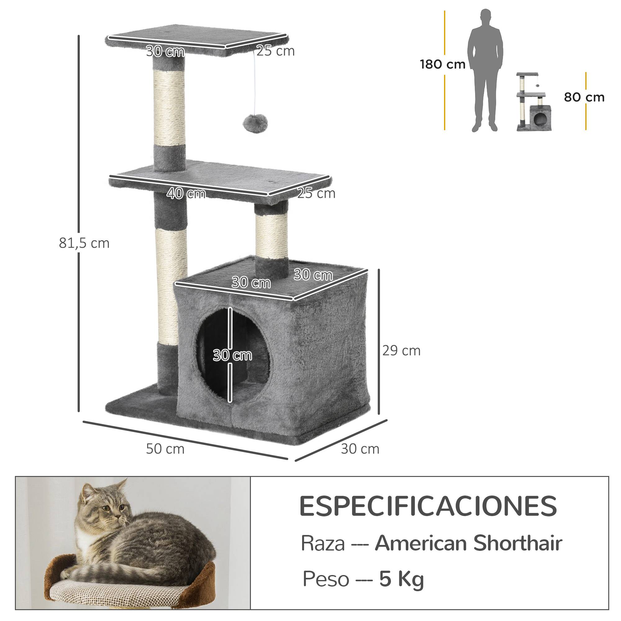 Arbre à chat 81,5 cm avec poteaux en sisal, 2 plateformes, grotte et balle suspendue, style élégant 50 x 30 x 81,5 cm gris - Image 5
