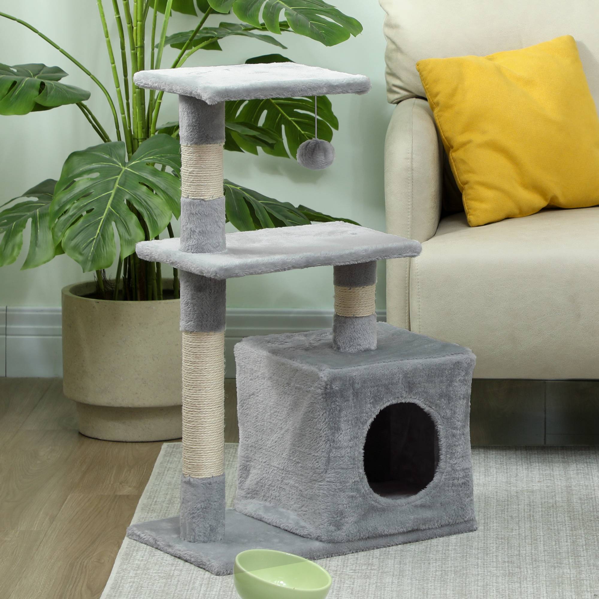 Arbre à chat 81,5 cm avec poteaux en sisal, 2 plateformes, grotte et balle suspendue, style élégant 50 x 30 x 81,5 cm gris - Image 10