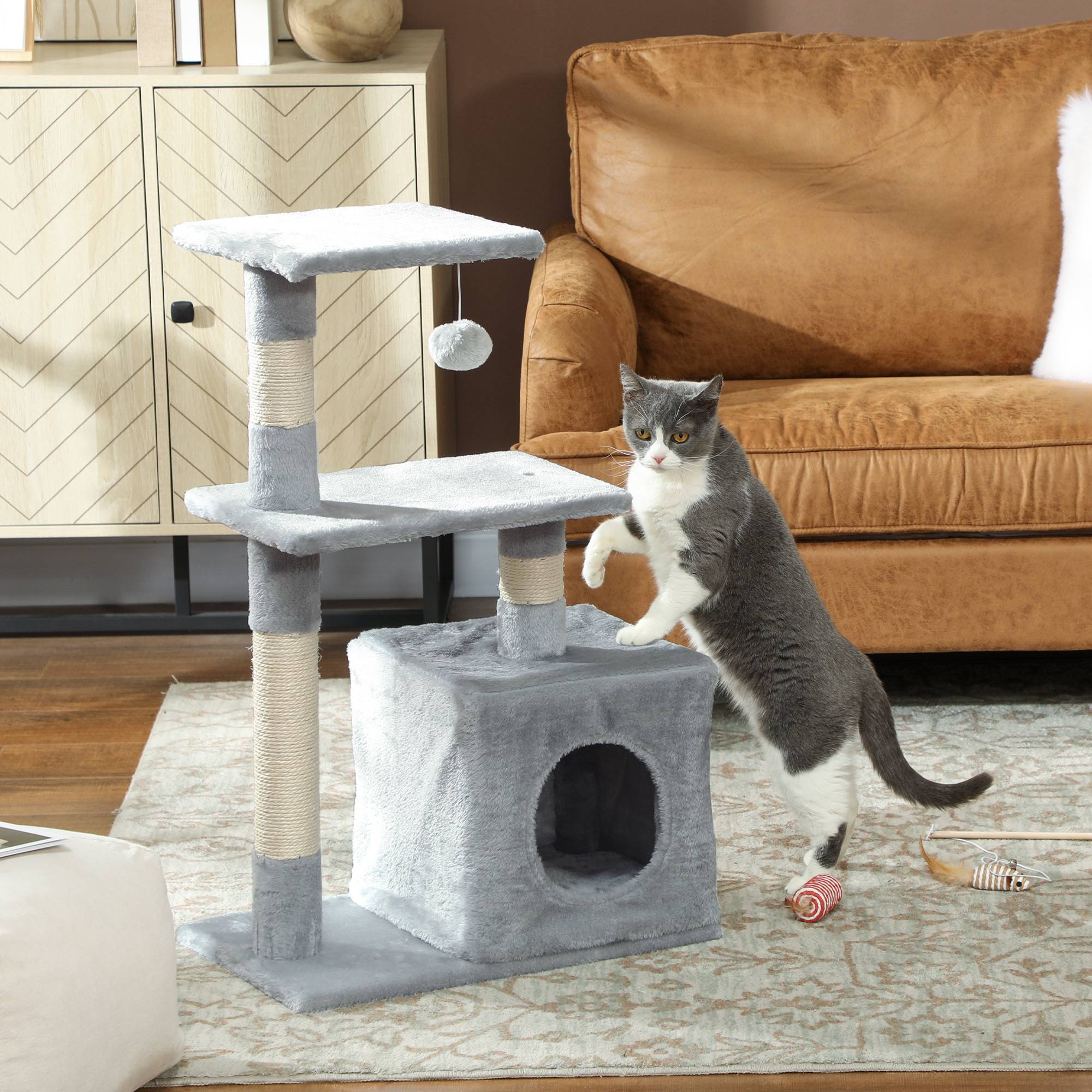 Arbre à chat 81,5 cm avec poteaux en sisal, 2 plateformes, grotte et balle suspendue, style élégant 50 x 30 x 81,5 cm gris - Image 3