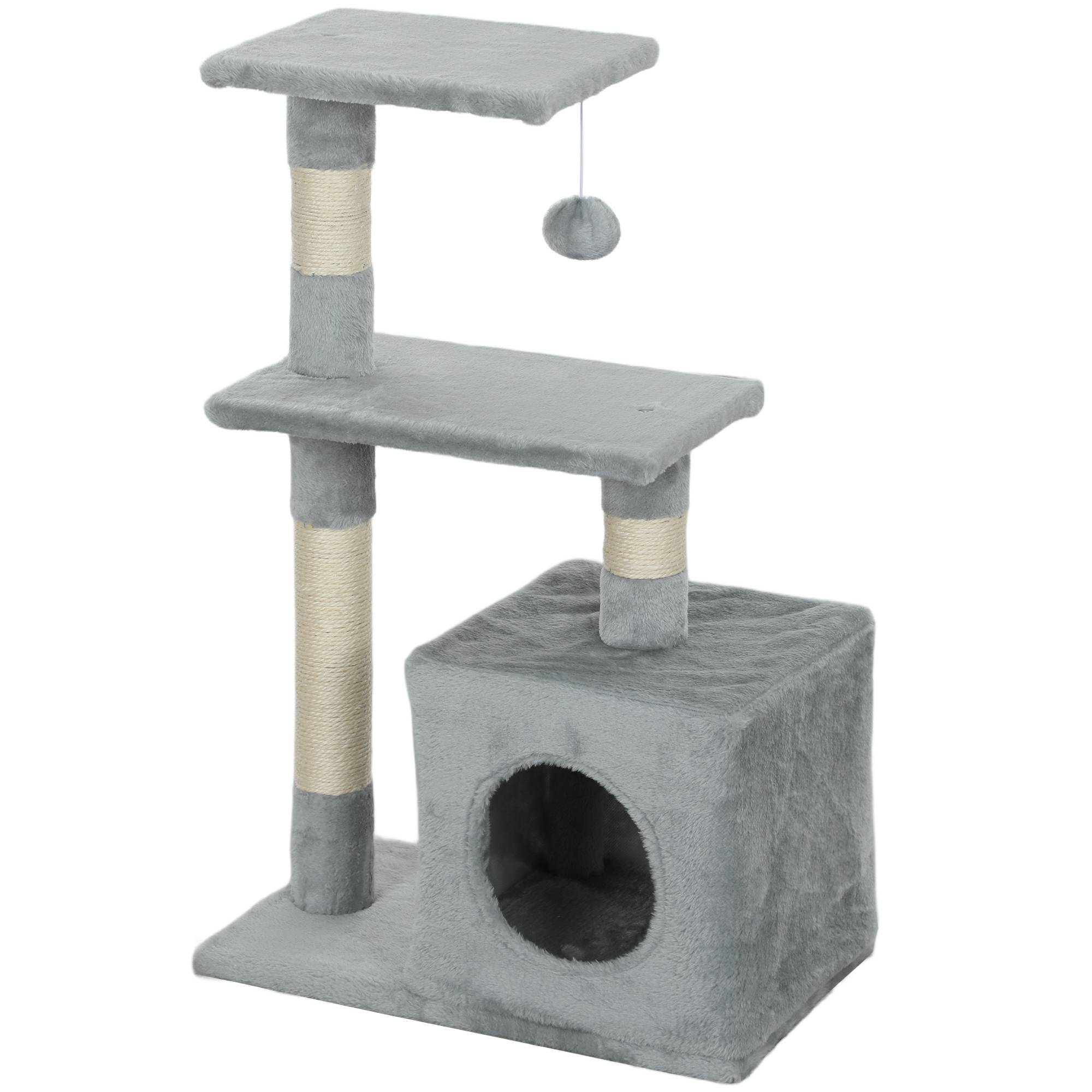 Arbre à chat 81,5 cm avec poteaux en sisal, 2 plateformes, grotte et balle suspendue, style élégant 50 x 30 x 81,5 cm gris - Image 2