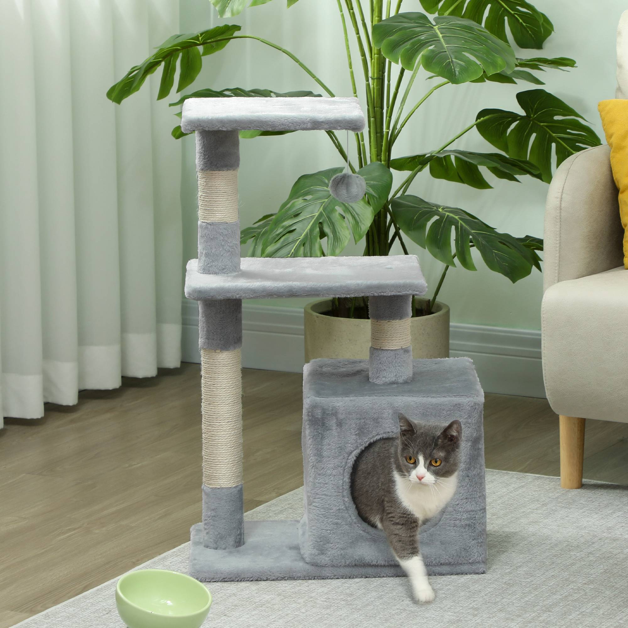 Arbre à chat 81,5 cm avec poteaux en sisal, 2 plateformes, grotte et balle suspendue, style élégant 50 x 30 x 81,5 cm gris - Image 4