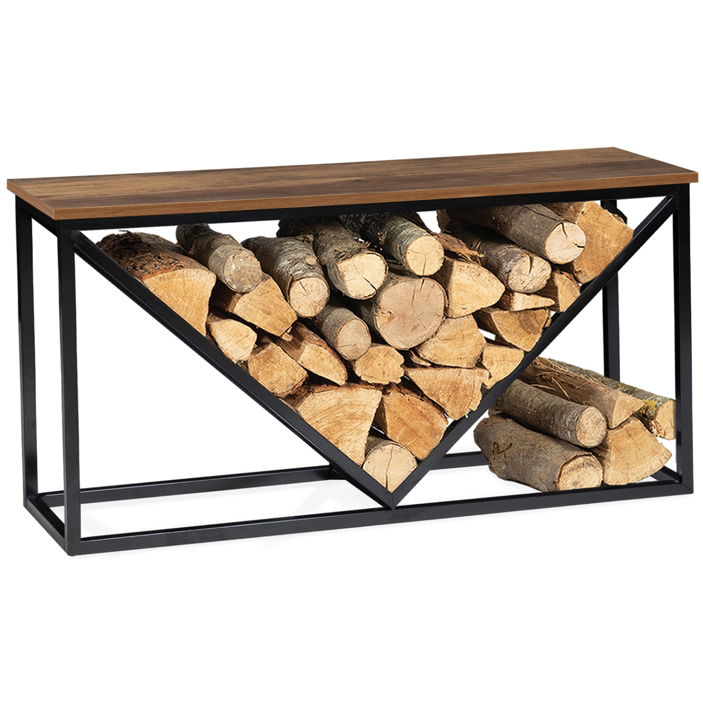 Range bûches horizontal HAWKINS acier noir plateau bois foncé pour cheminée - Image 2