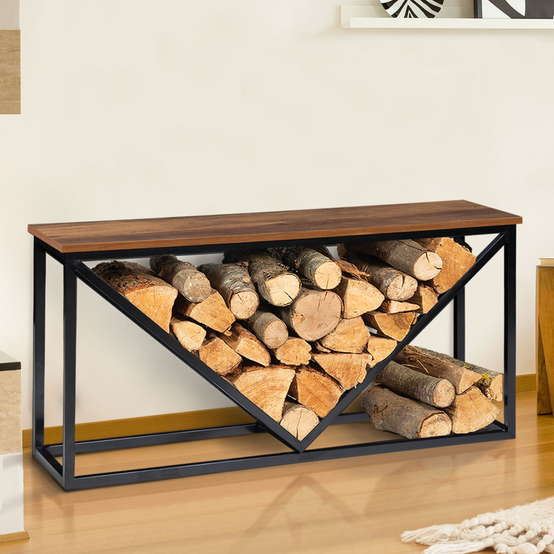 Range bûches horizontal HAWKINS acier noir plateau bois foncé pour cheminée - Image 1