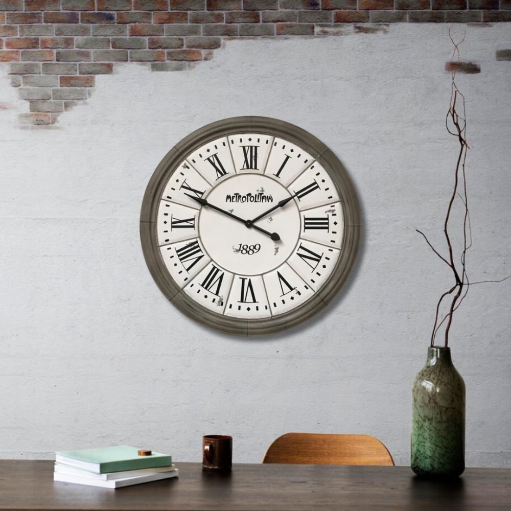 Grande horloge murale décorative vintage salon métal gris blanc 100cm Chemin de campagne - Imagen 2