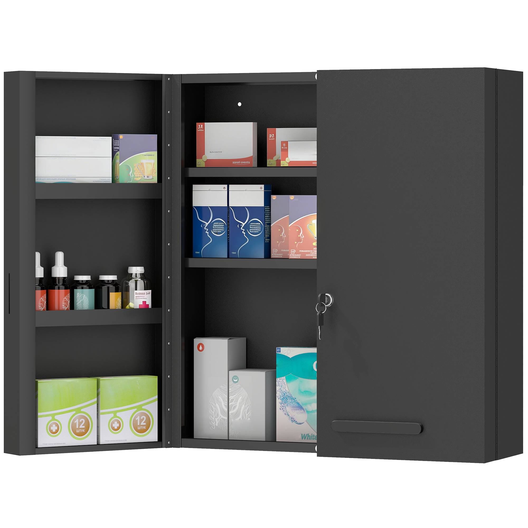 Sans Marque - Armoire pharmacie verrouillable 2 portes 6 étagères noire - Image 1