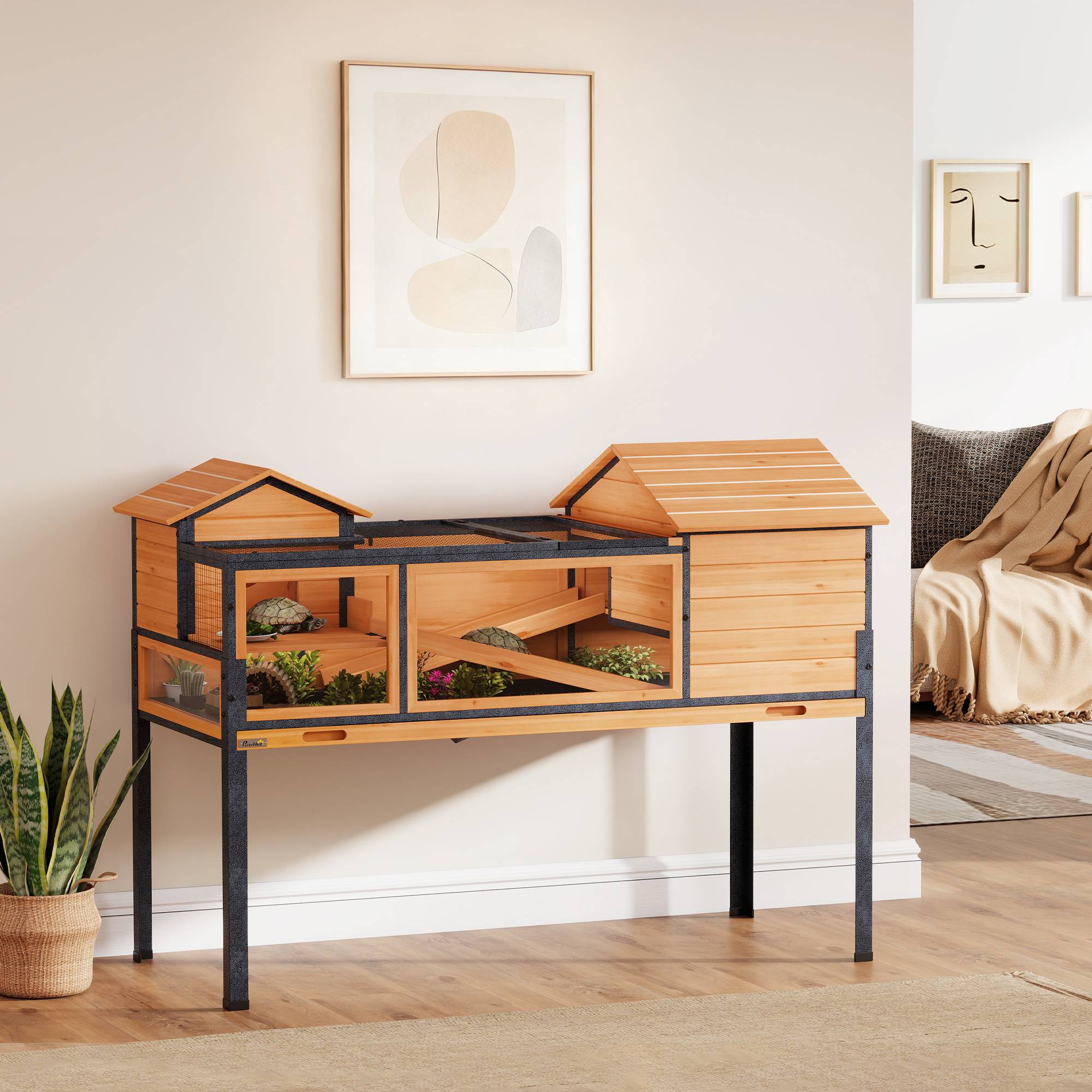 Enclos pour tortues, petit terrarium, 2 pièces, 2 étages, fenêtres, rampes, accessoires, bois, acier, jaune - Image 3