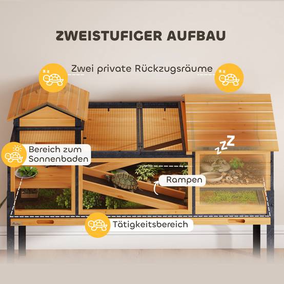Enclos pour tortues, petit terrarium, 2 pièces, 2 étages, fenêtres, rampes, accessoires, bois, acier, jaune - Image 6