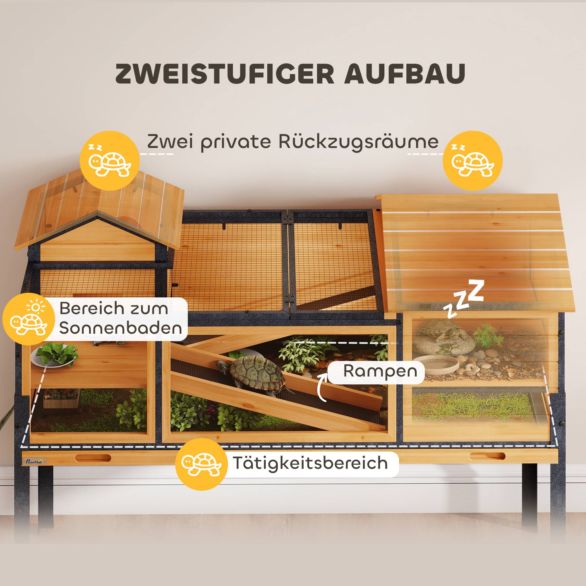 Enclos pour tortues, petit terrarium, 2 pièces, 2 étages, fenêtres, rampes, accessoires, bois, acier, jaune - Image 6