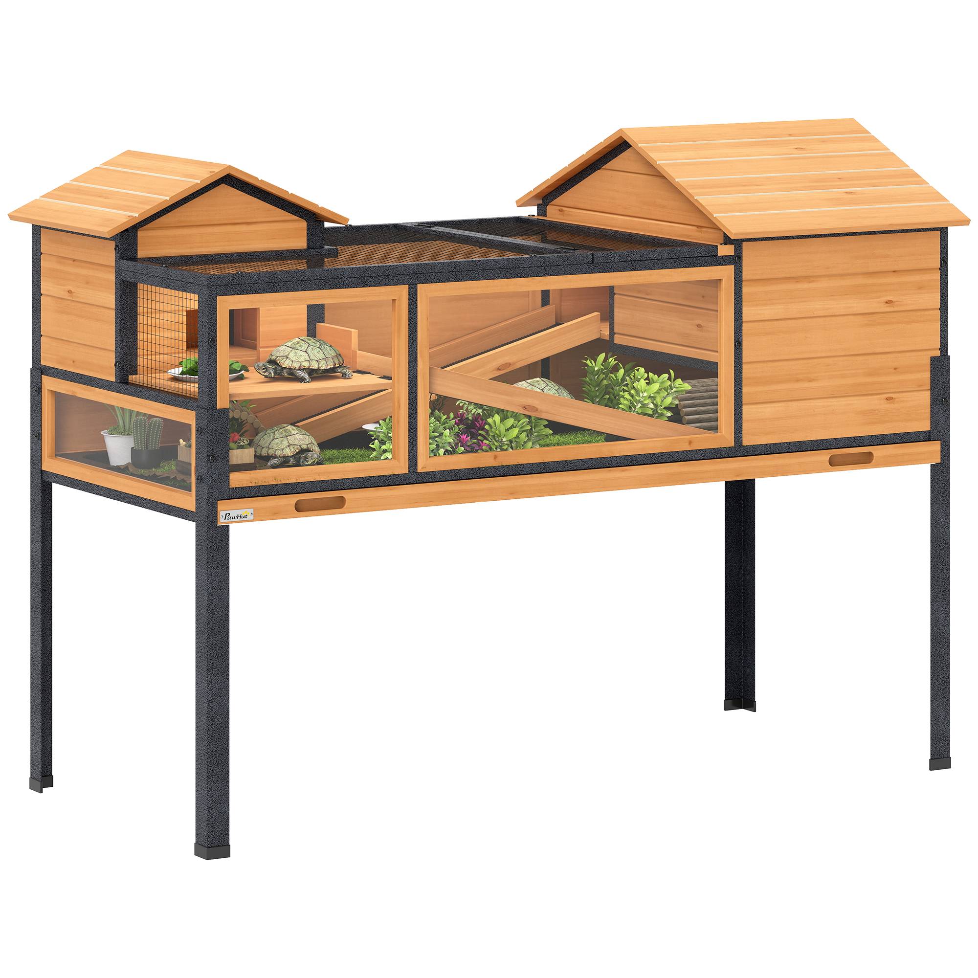 Enclos pour tortues, petit terrarium, 2 pièces, 2 étages, fenêtres, rampes, accessoires, bois, acier, jaune - Image 1
