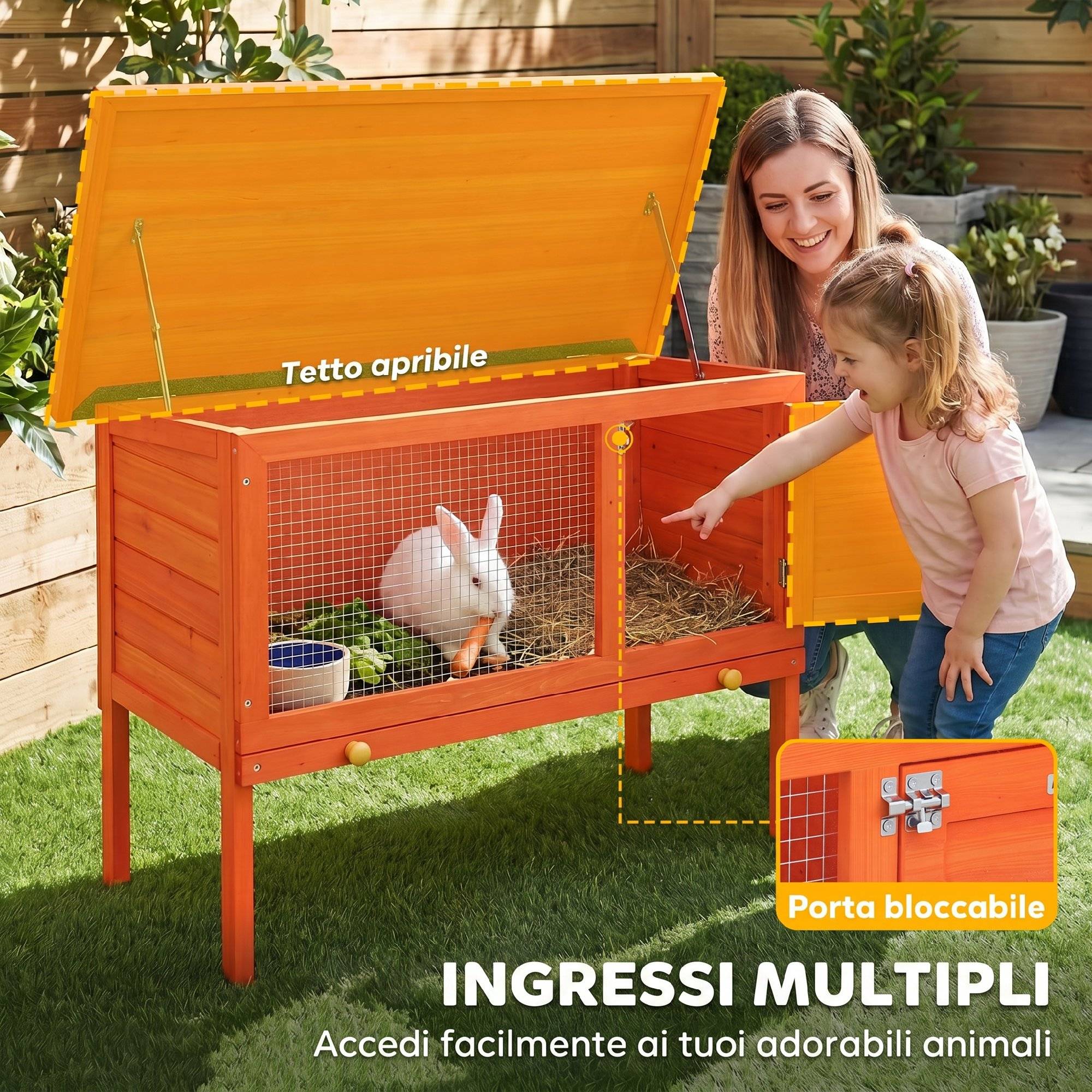ComfortXL - Clapier extérieur pour lapin en bois de pin orange 90 x 45 x 65 cm avec toit ouvrant et bac amovible - Image 5