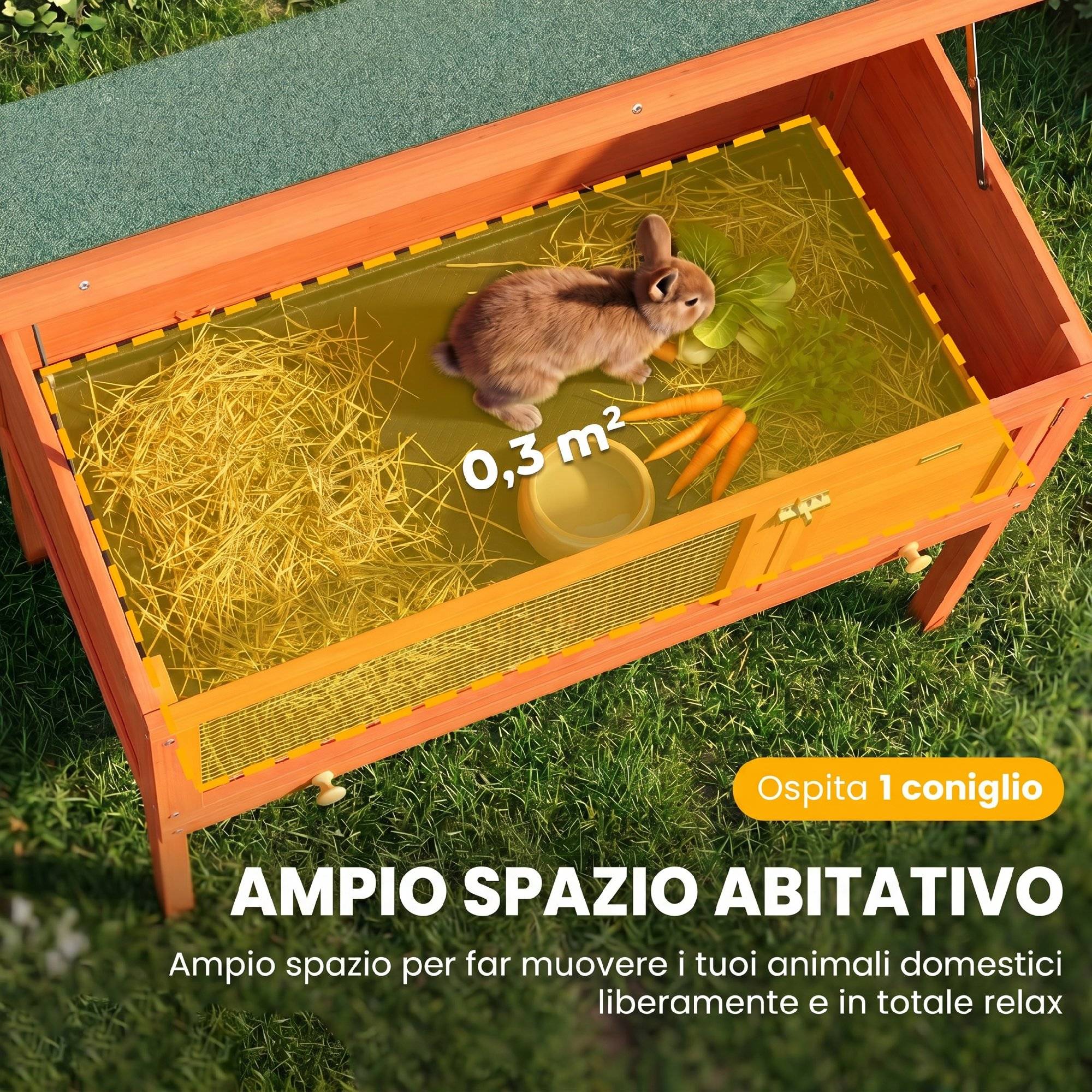 ComfortXL - Clapier extérieur pour lapin en bois de pin orange 90 x 45 x 65 cm avec toit ouvrant et bac amovible - Image 4