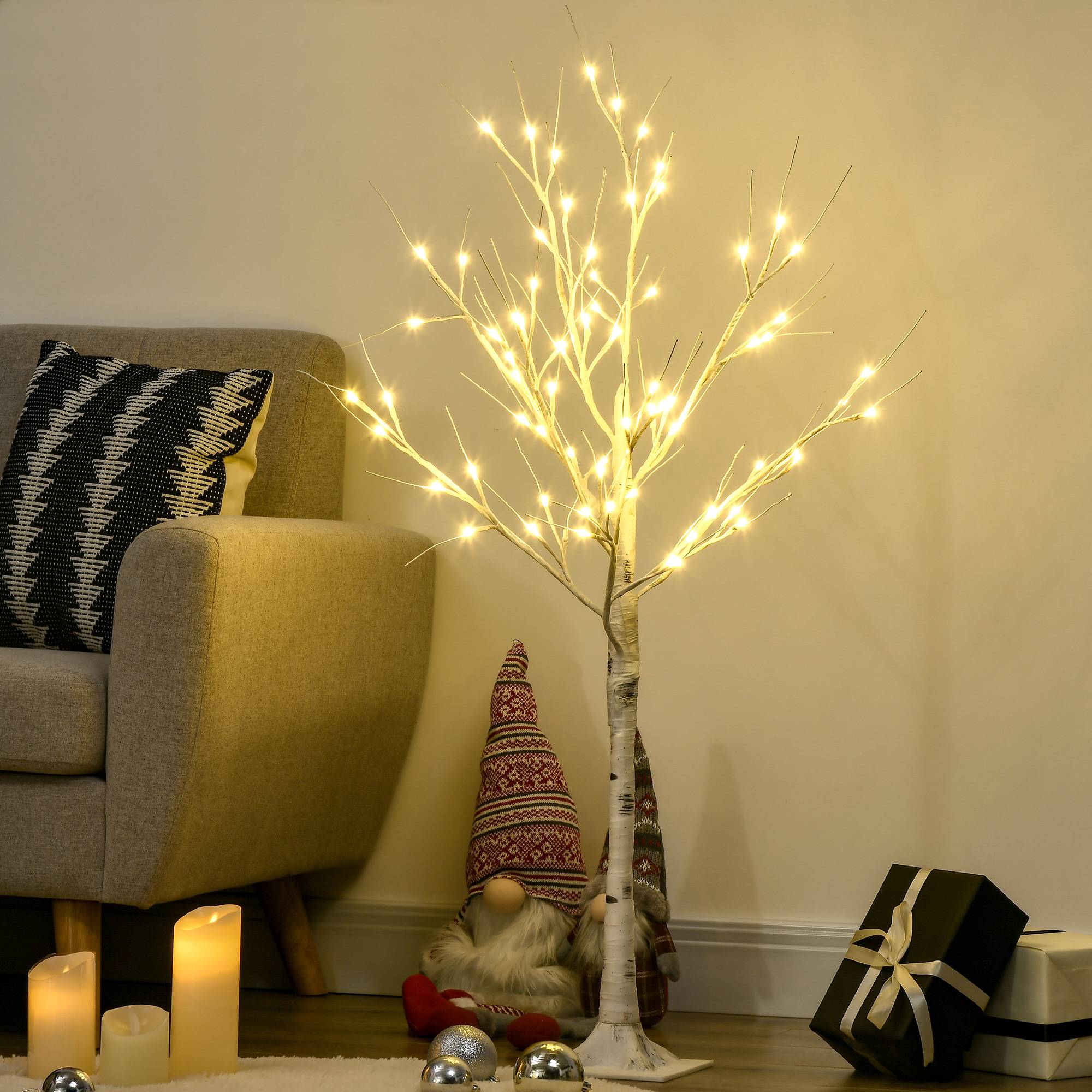 ComfortXL - Bouleau artificiel lumineux plastique et métal 120 cm blanc décoration intérieure et extérieur couvert LED blanc chaud