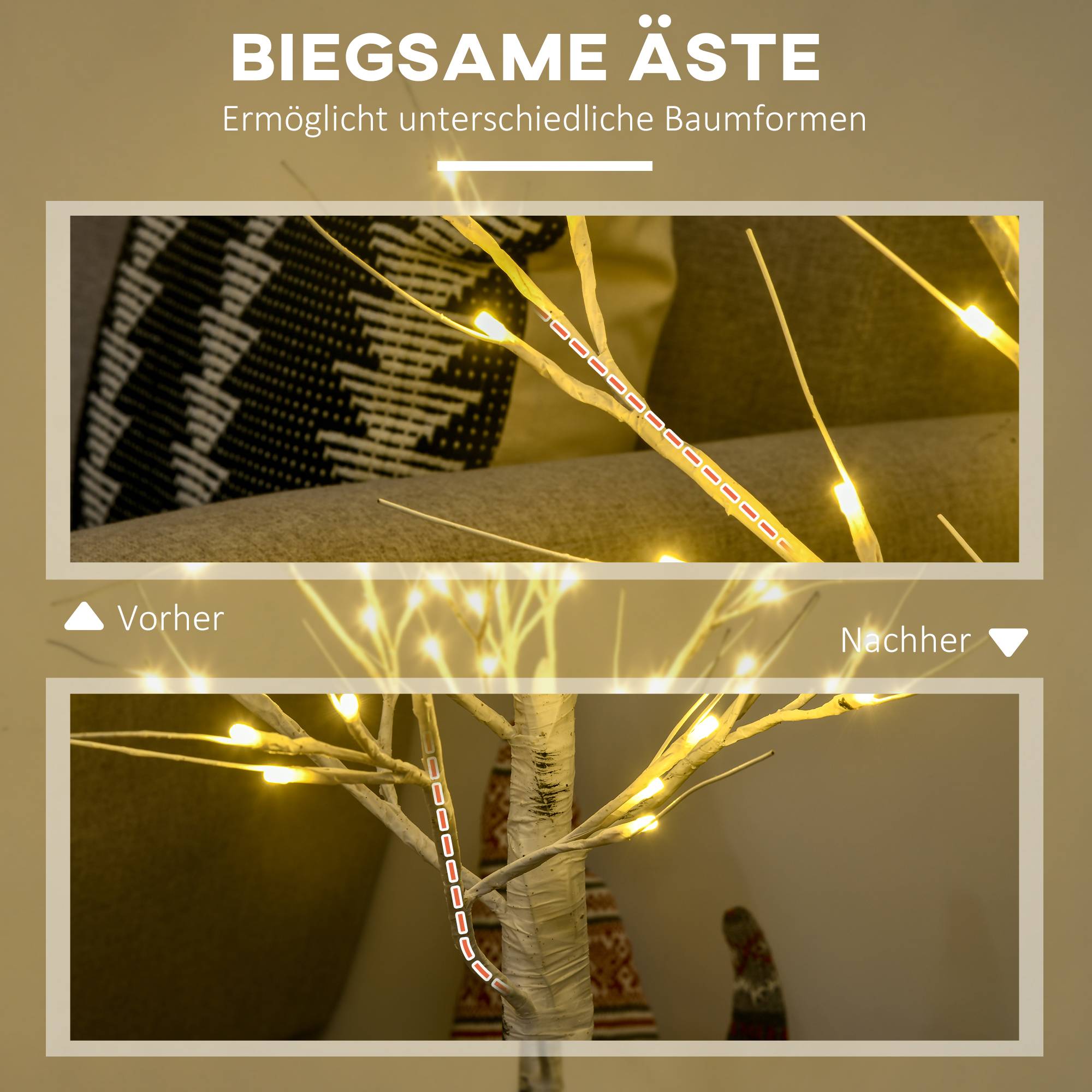 ComfortXL - Bouleau artificiel lumineux plastique et métal 120 cm blanc décoration intérieure et extérieur couvert LED blanc chaud - Image 6