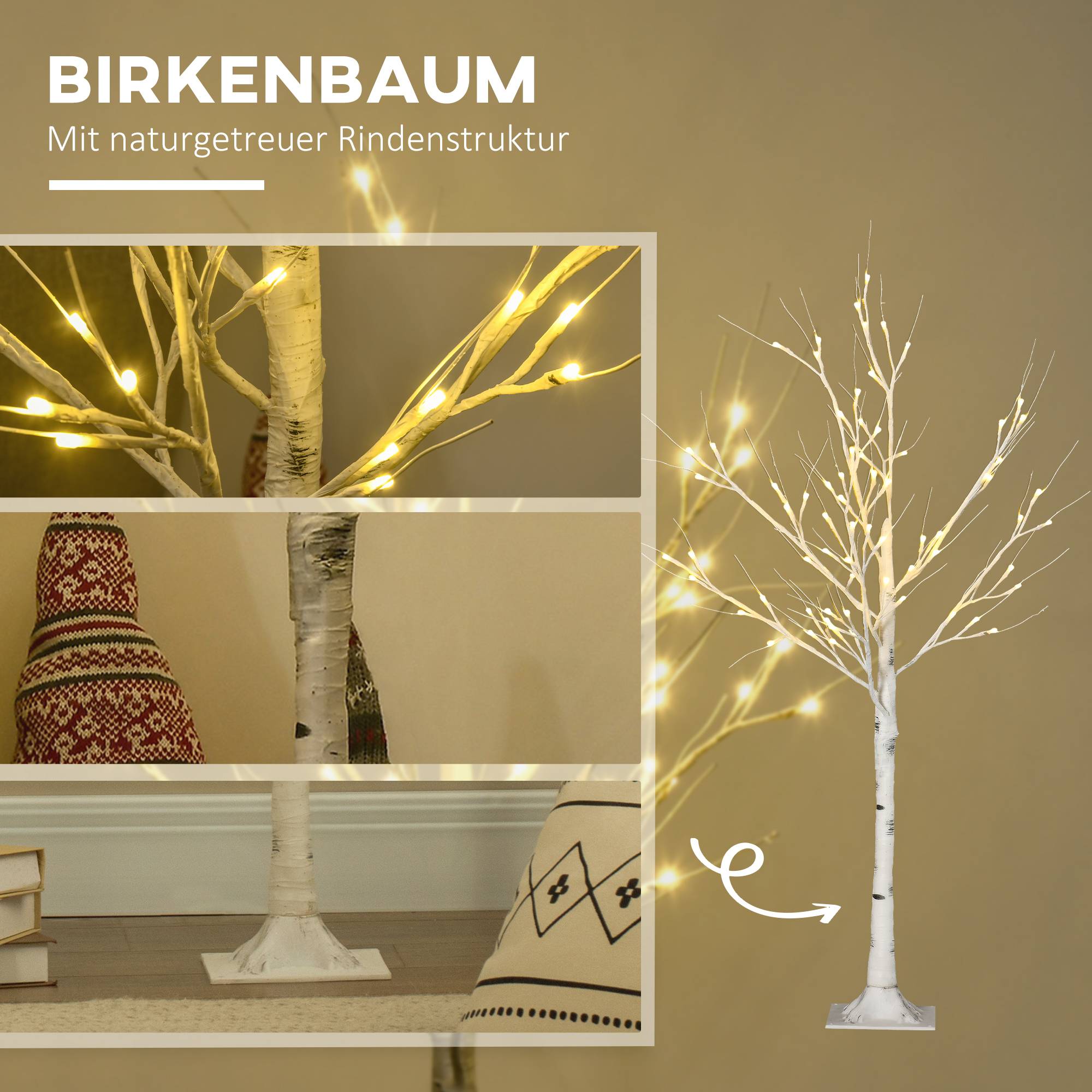 ComfortXL - Bouleau artificiel lumineux plastique et métal 120 cm blanc décoration intérieure et extérieur couvert LED blanc chaud - Image 5