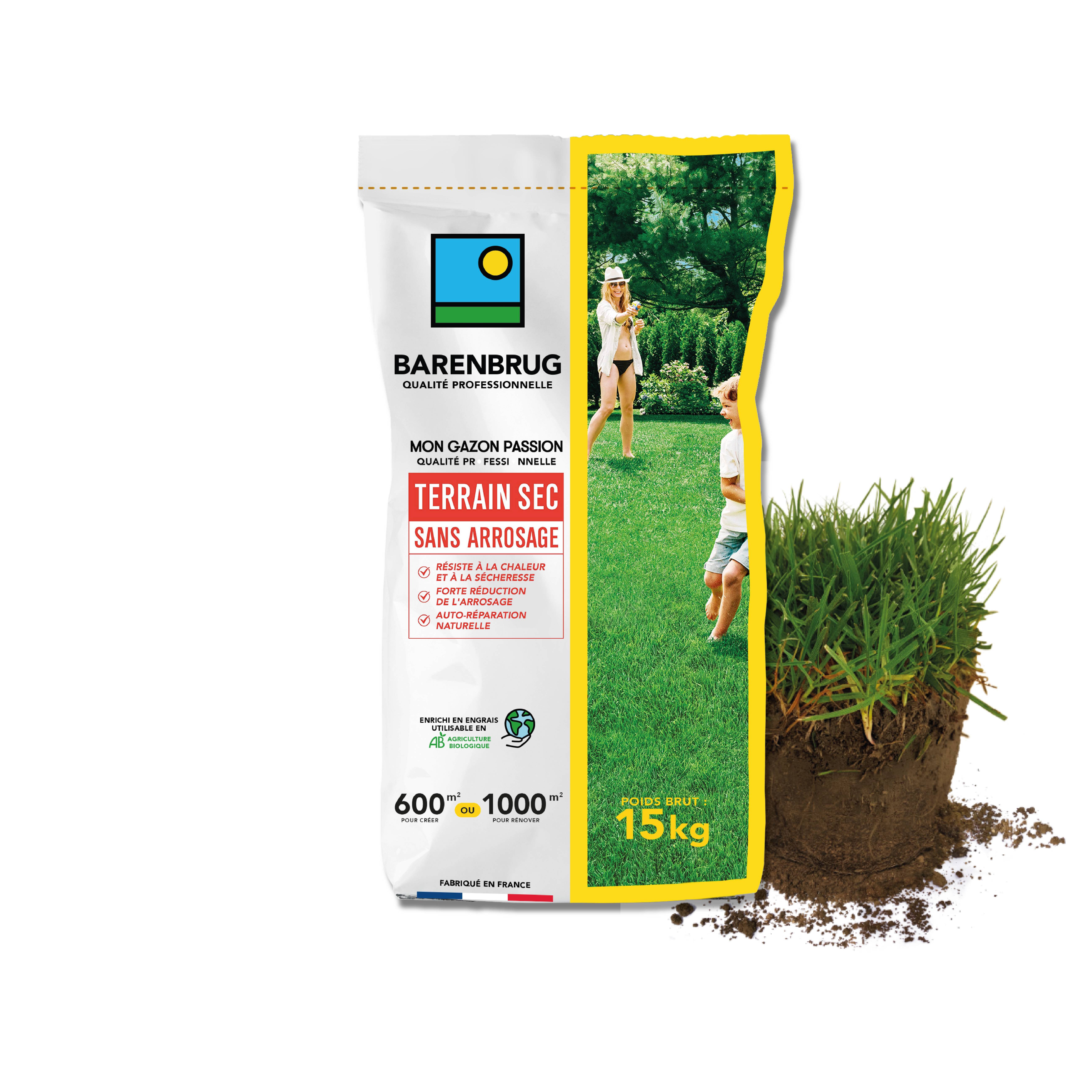 Gazon Terrain Sec sans arrosage - Résiste à la Chaleur et à la Sécheresse - Forte Réduction de l'Arrosage - Autoréparation Naturelle- 15KG - BARENBRUG
