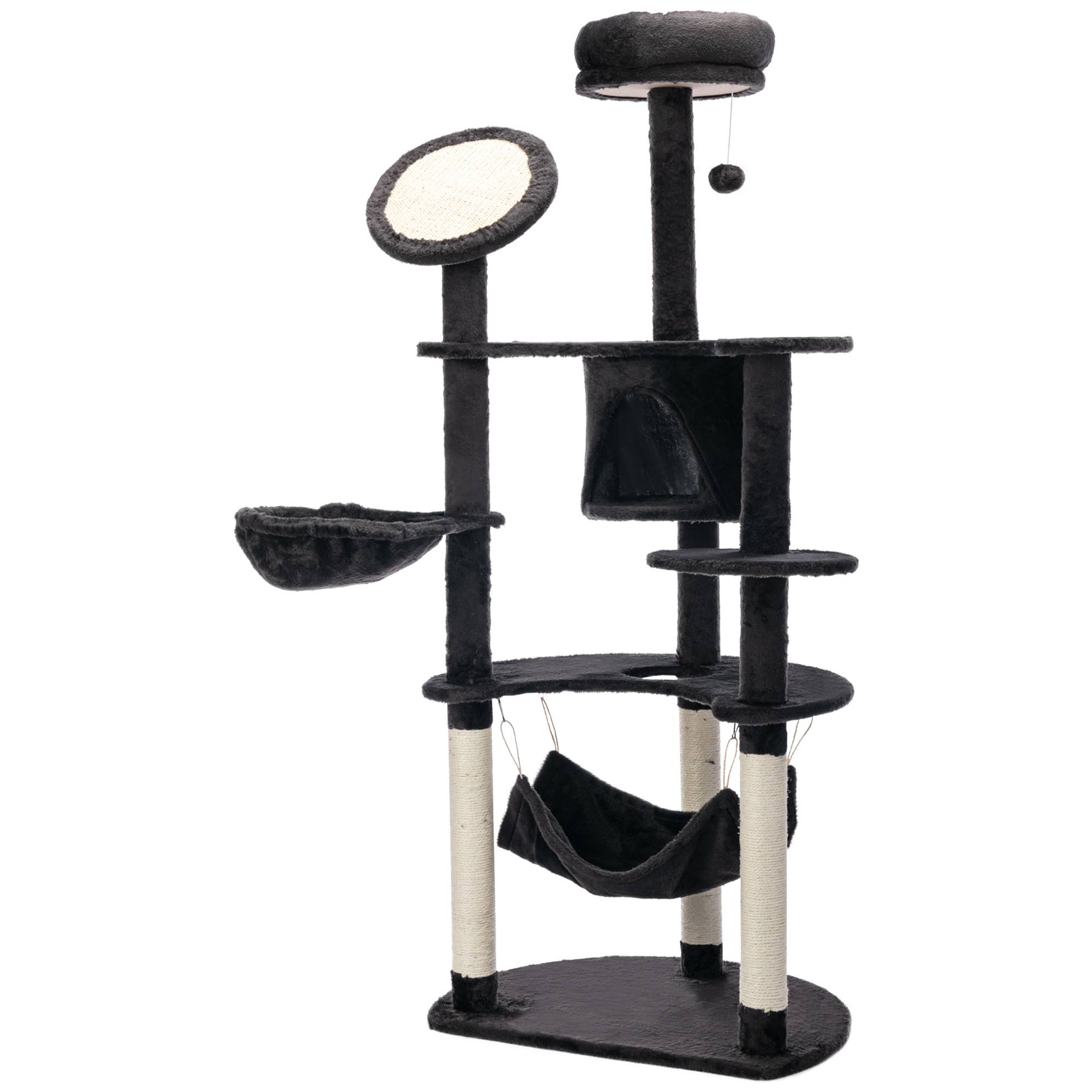 Arbre à chat géant 65 x 50 x 153 cm, centre d'activités avec plusieurs plateformes, hamac, balles et grotte - Gris foncé - Image 2