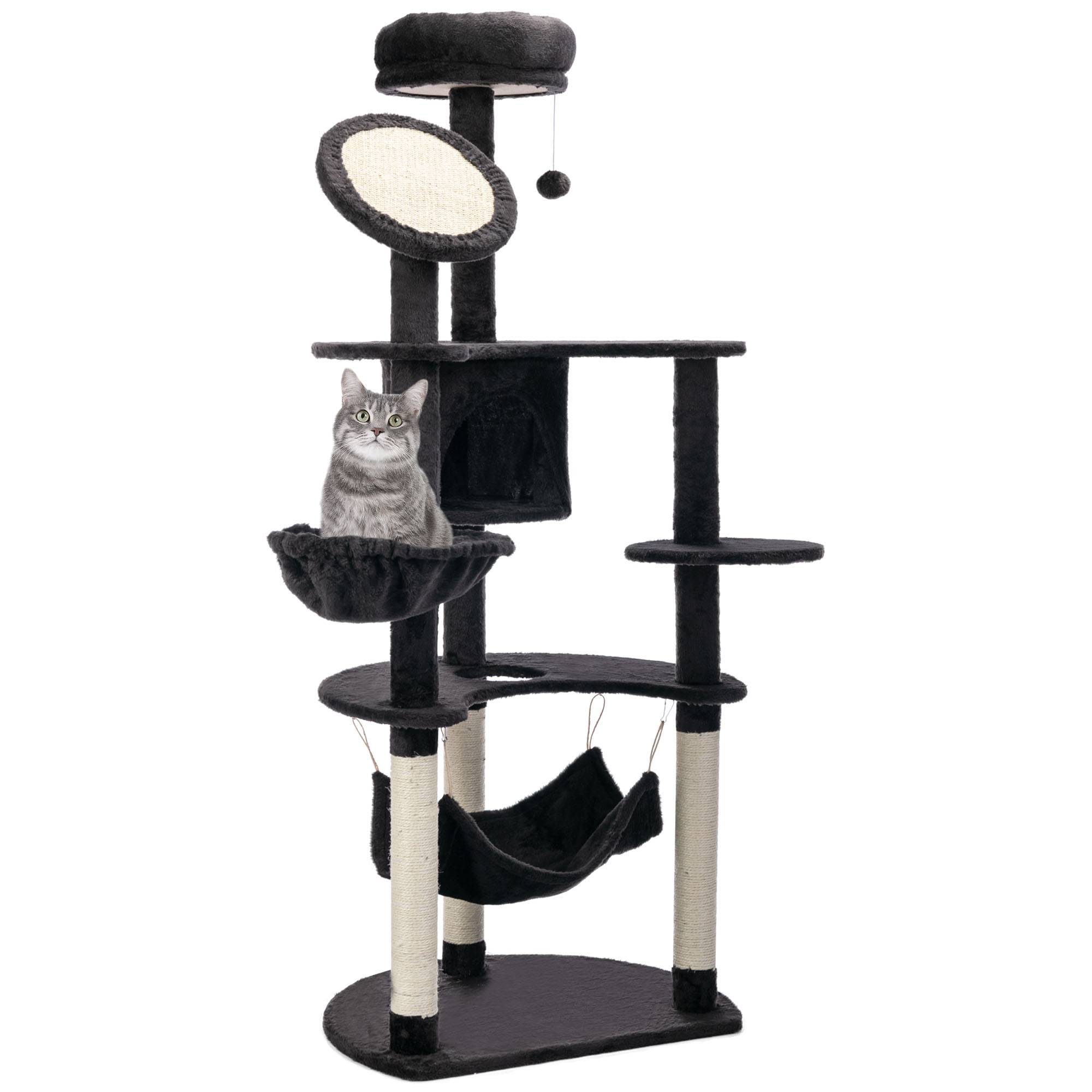 Arbre à chat géant 65 x 50 x 153 cm, centre d'activités avec plusieurs plateformes, hamac, balles et grotte - Gris foncé - Image 1