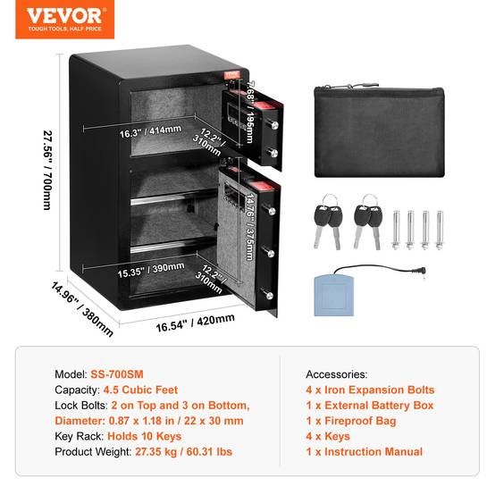 VEVOR Coffre-fort double porte 127L, déverrouillage clé/mot de passe, sac ignifuge, LED, noir. - Image 7