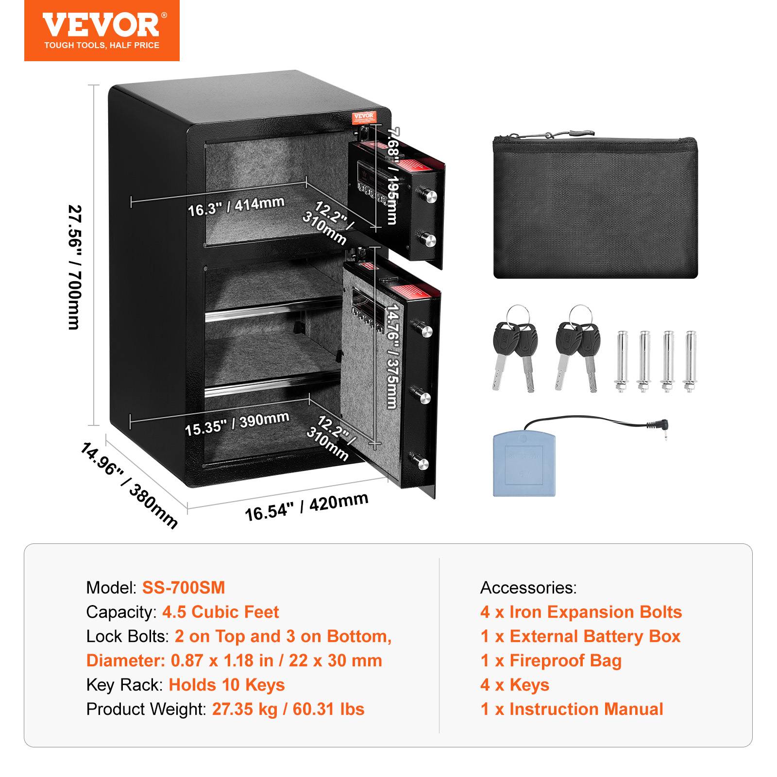 VEVOR Coffre-fort double porte 127L, déverrouillage clé/mot de passe, sac ignifuge, LED, noir. - Image 7