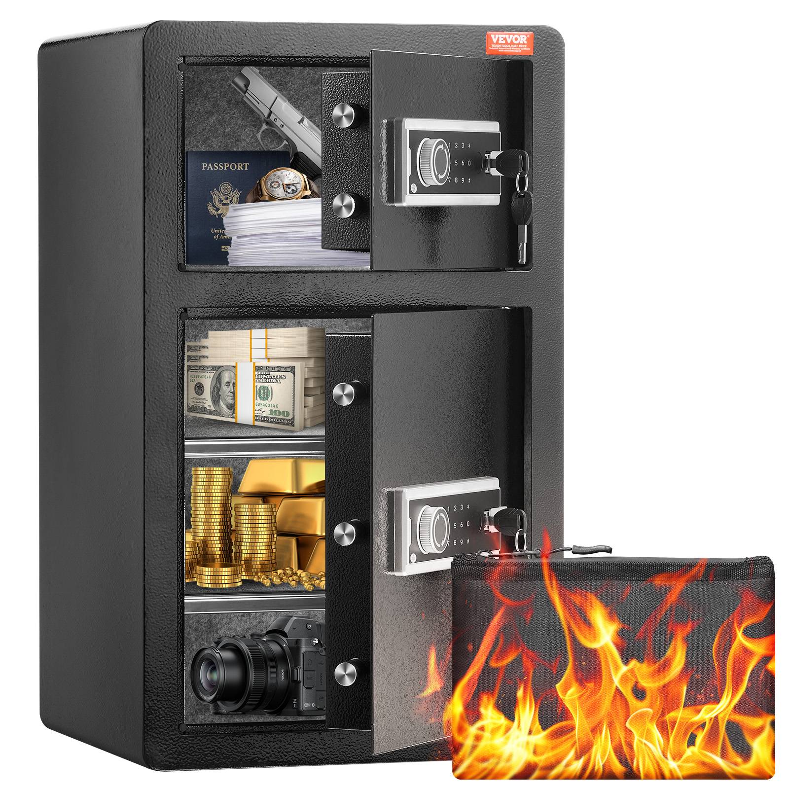 VEVOR Coffre-fort double porte 127L, déverrouillage clé/mot de passe, sac ignifuge, LED, noir.
