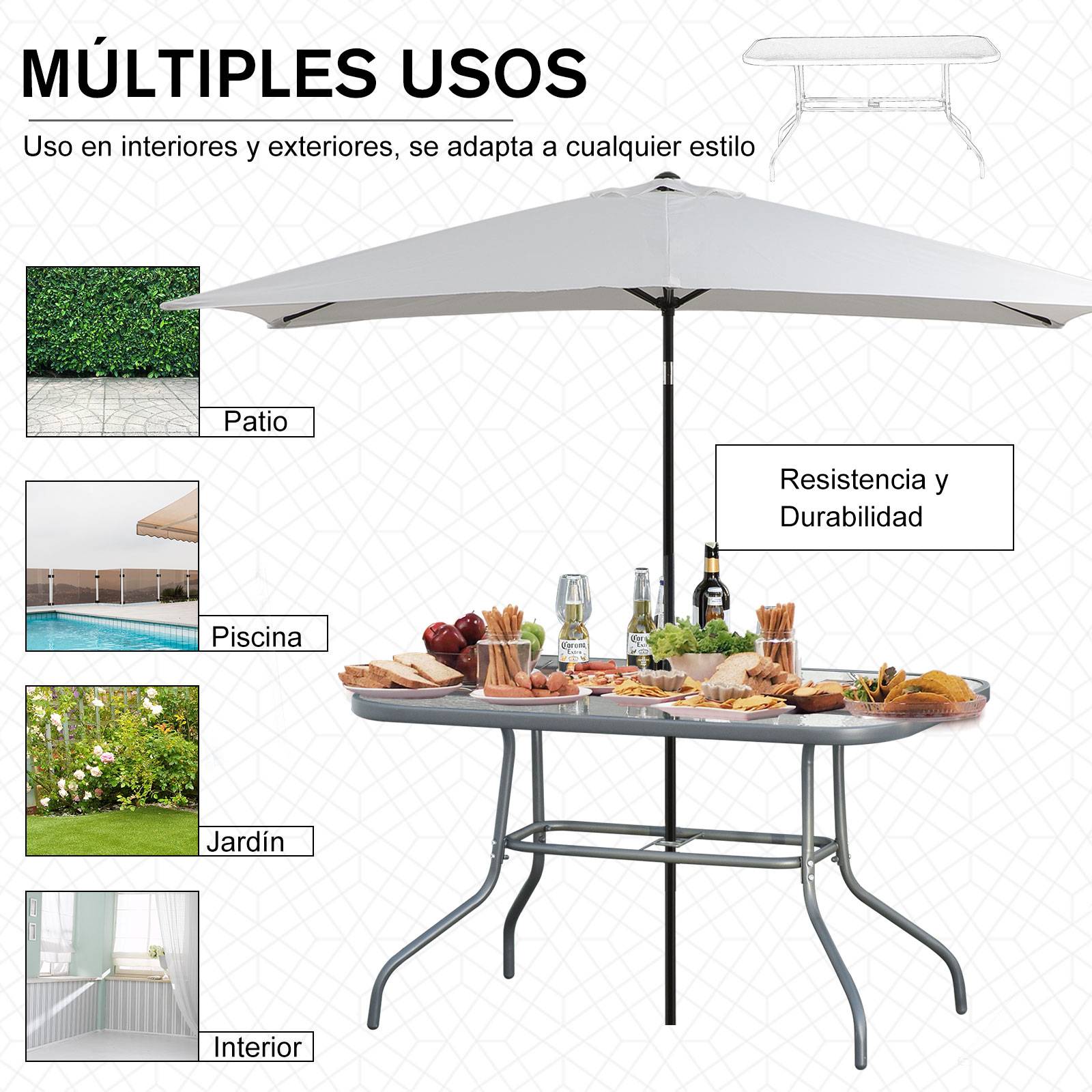 Table de jardin métal verre pour extérieur trou parasol 120x80cm gris - ComfortXL Outdoor Living - Image 9