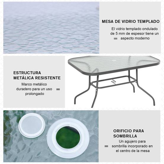 Table de jardin métal verre pour extérieur trou parasol 120x80cm gris - ComfortXL Outdoor Living - Image 8