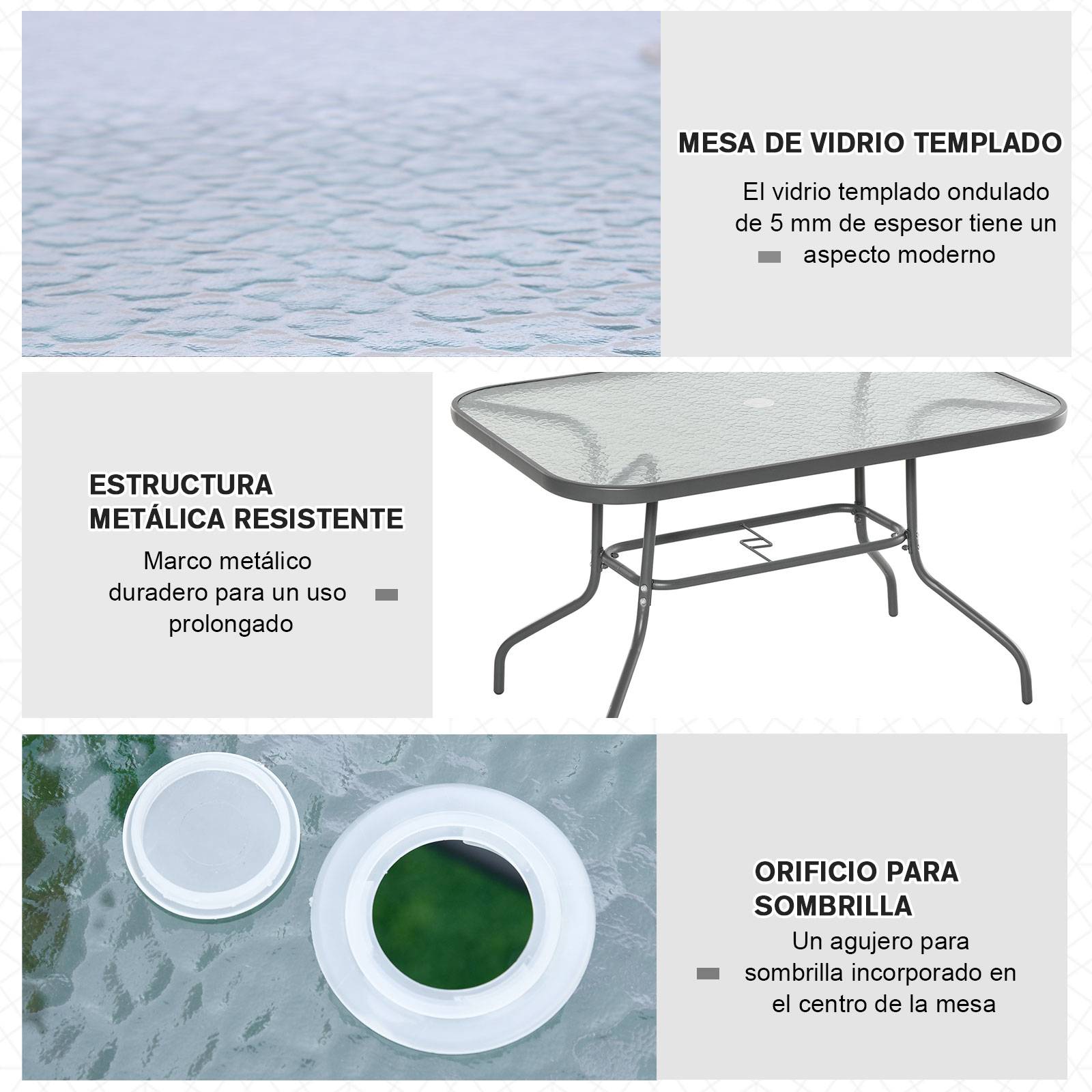 Table de jardin métal verre pour extérieur trou parasol 120x80cm gris - ComfortXL Outdoor Living - Image 8