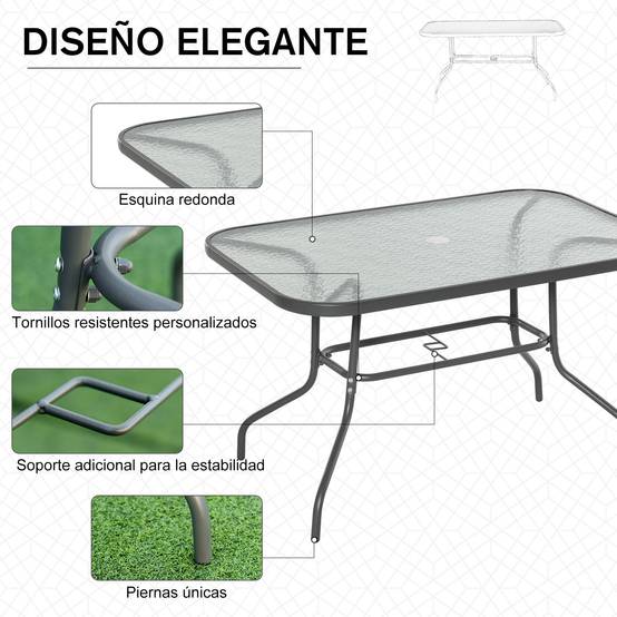 Table de jardin métal verre pour extérieur trou parasol 120x80cm gris - ComfortXL Outdoor Living - Image 7