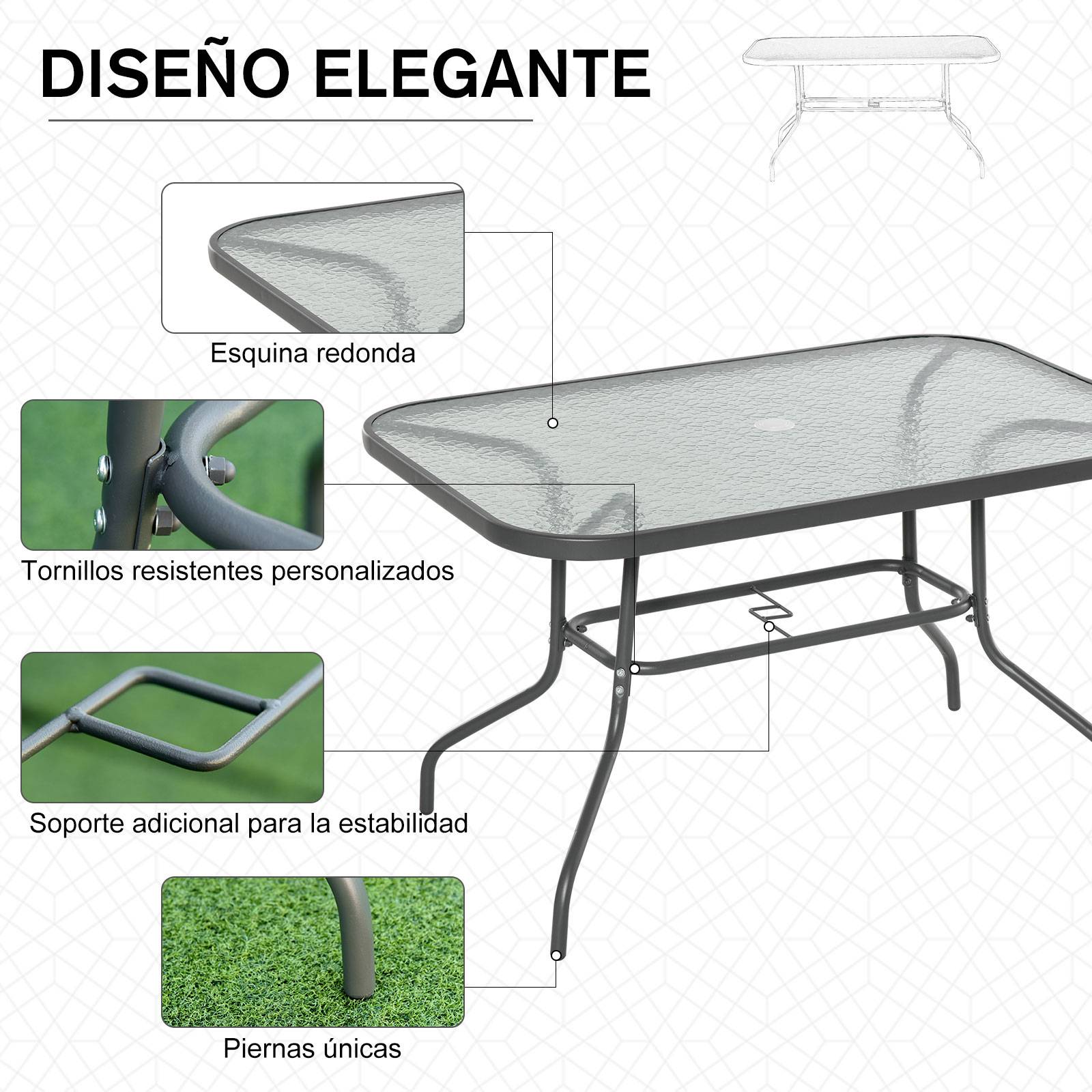 Table de jardin métal verre pour extérieur trou parasol 120x80cm gris - ComfortXL Outdoor Living - Image 7