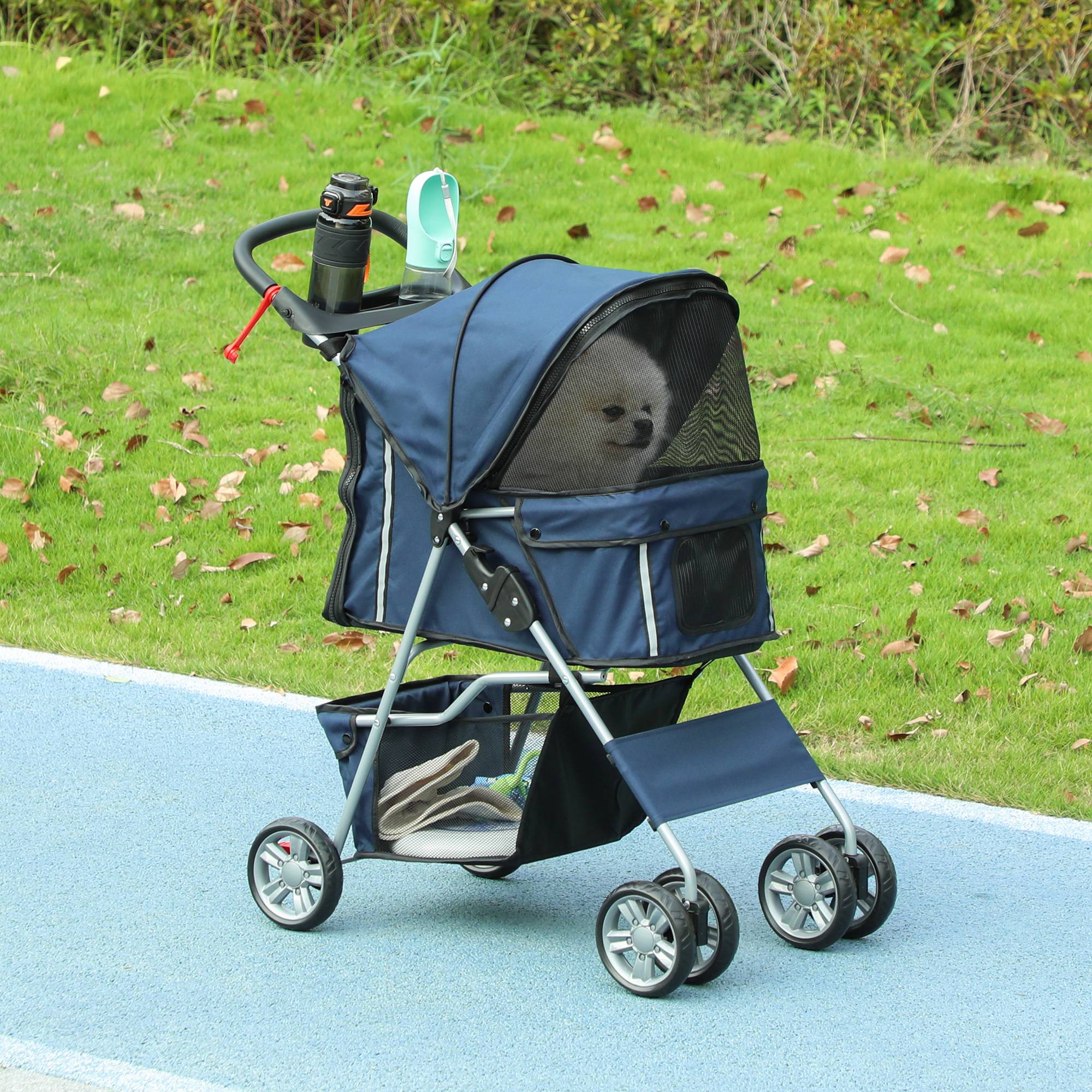 Poussette pour petit chien avec capote réglable, panier de rangement, porte-gobelet et roues, 75 x 45 x 97 cm, bleu foncé - Image 4