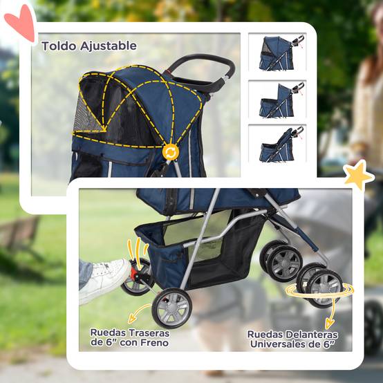Poussette pour petit chien avec capote réglable, panier de rangement, porte-gobelet et roues, 75 x 45 x 97 cm, bleu foncé - Image 8