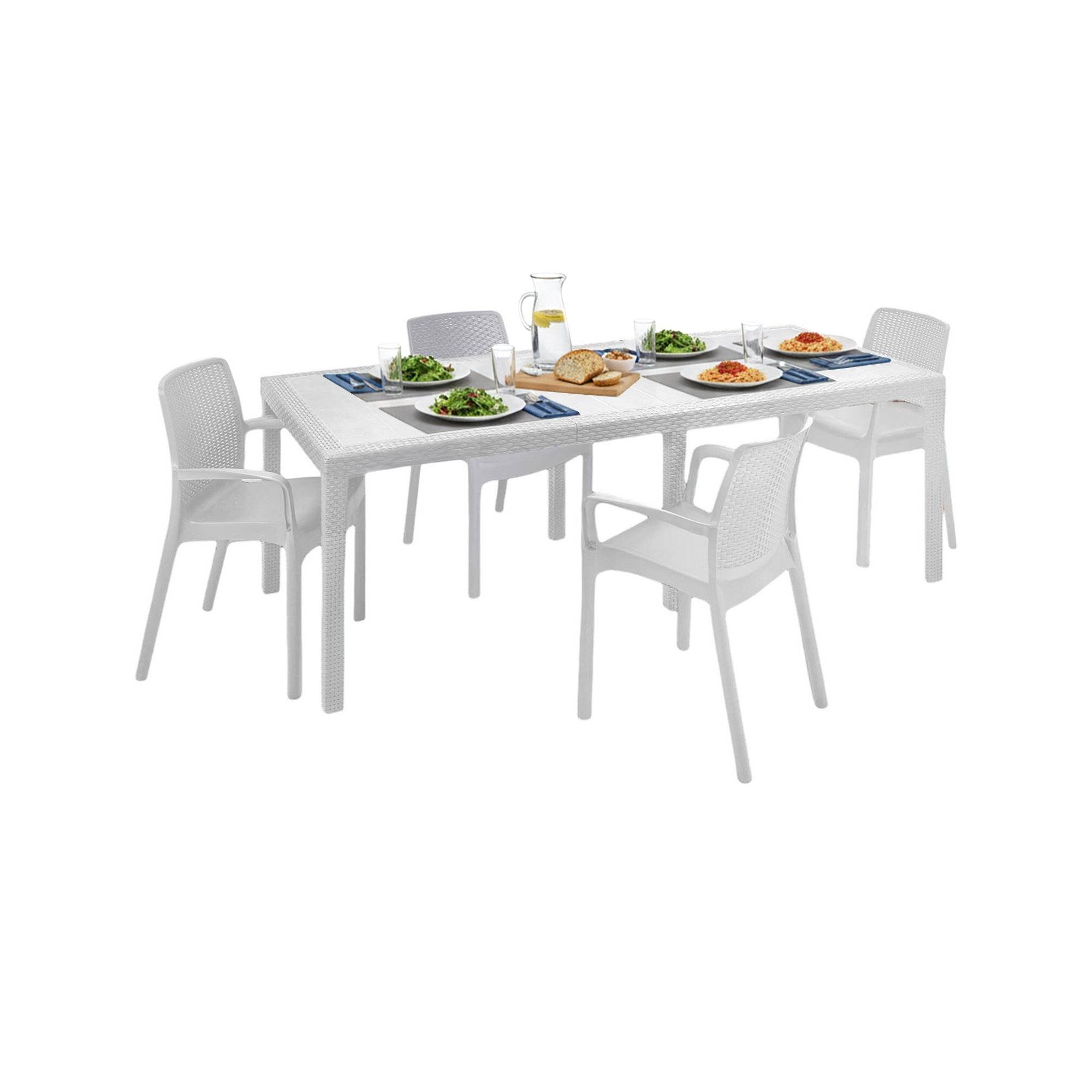 Dmora - Ensemble table et chaises Manarola, étagère rectangulaire d'extérieur extensible avec 4 chaises incluses, table et sièges de jardin effet rotin, Blanc - Imagen 1