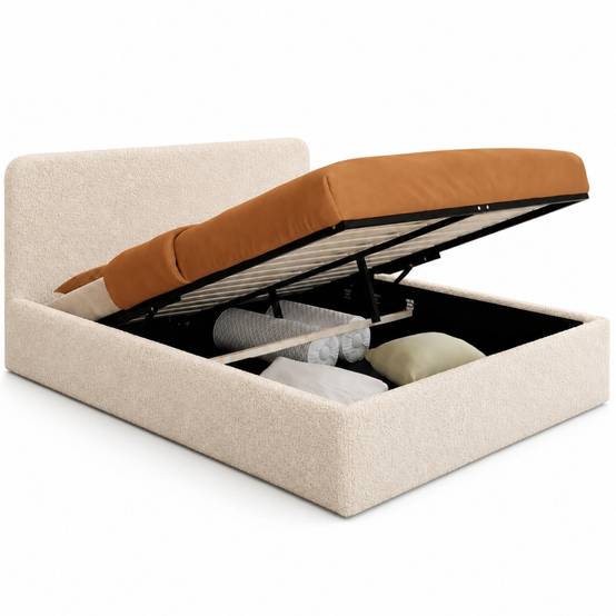 Lit coffre double BRADFORD avec tête de lit et sommier 140 x 190 cm tissu bouclette - Image 2